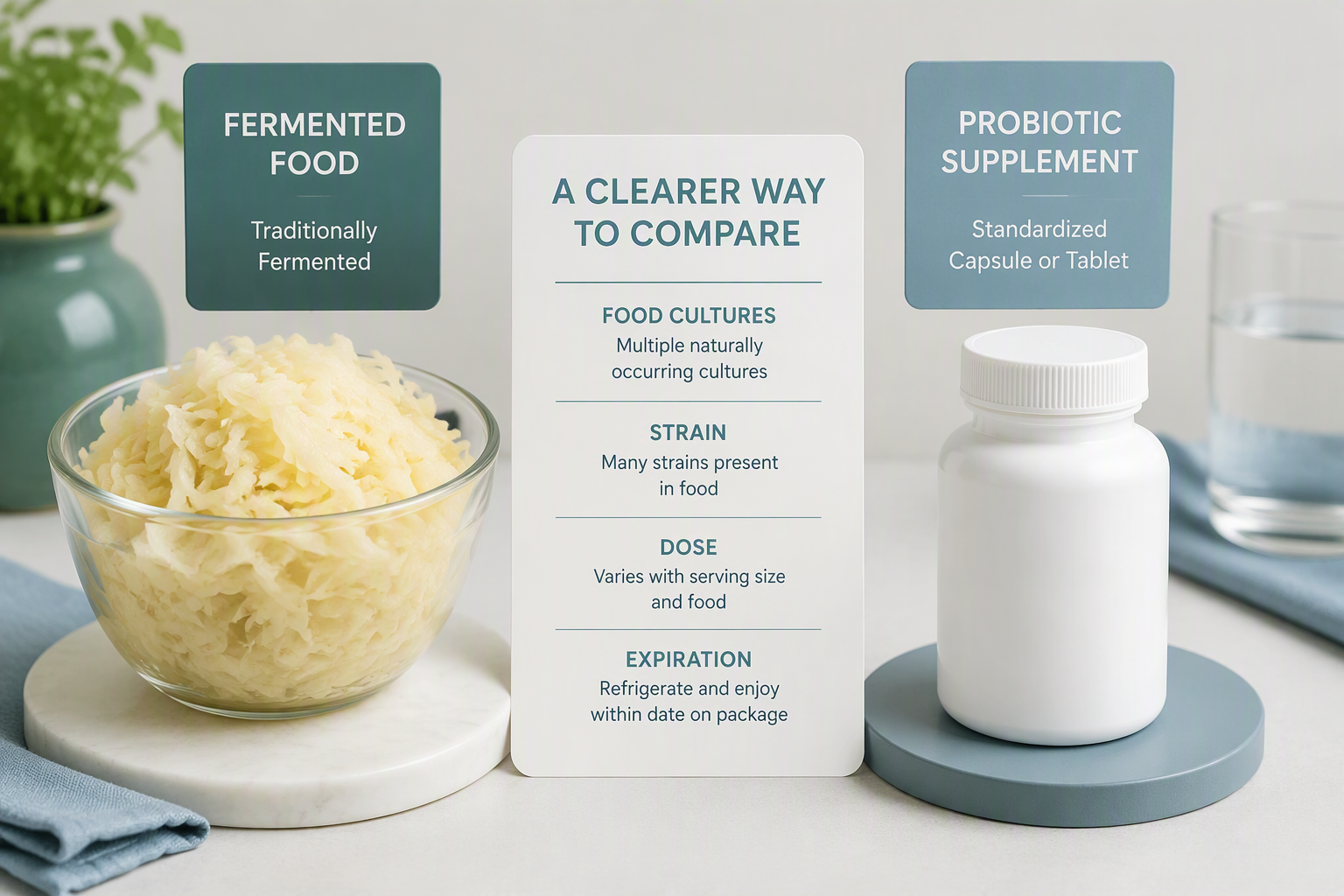 Sauerkraut probiotics compared with a supplement by strain, dose, and labeling details