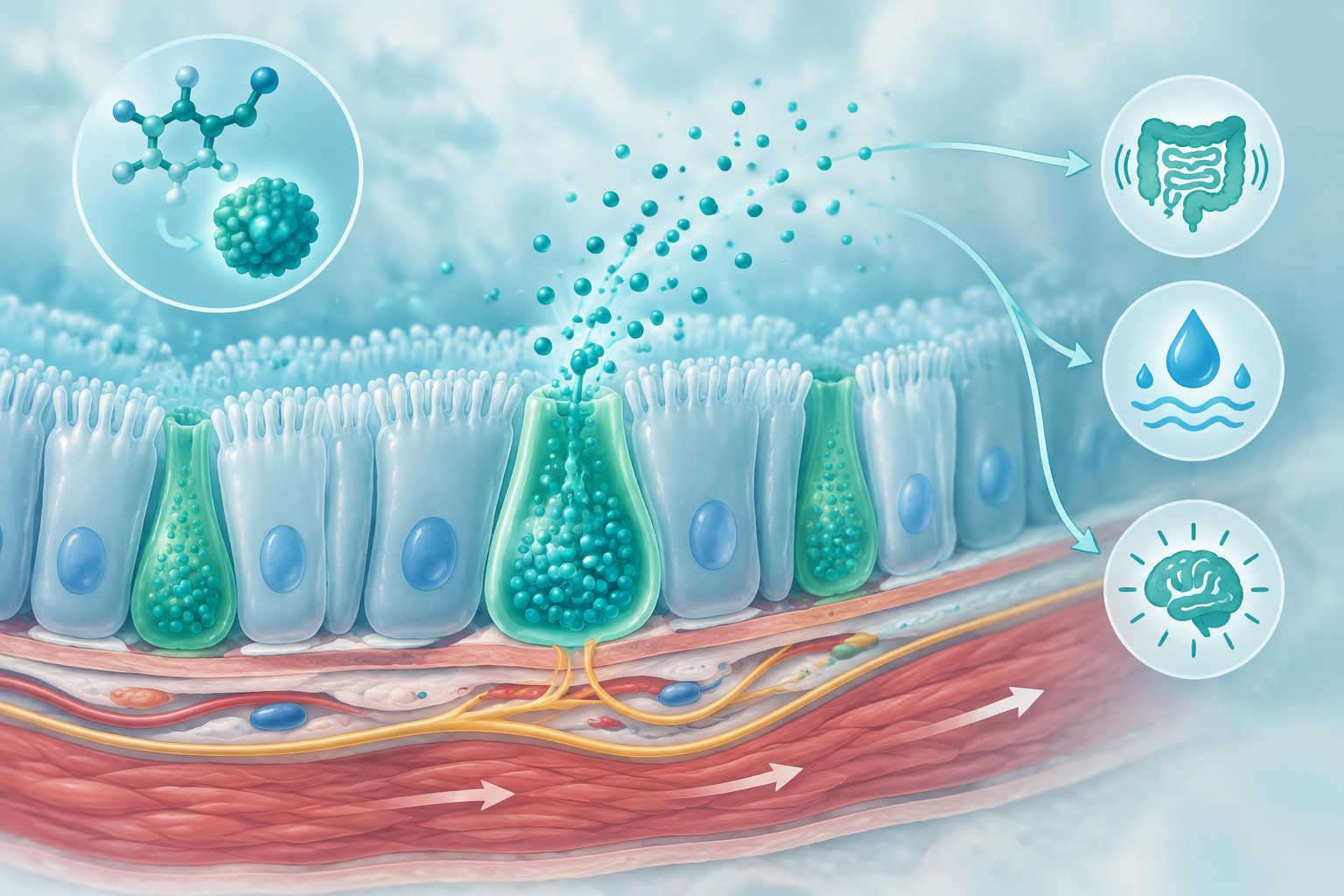 Enterochromaffin cells releasing serotonin in the gut lining