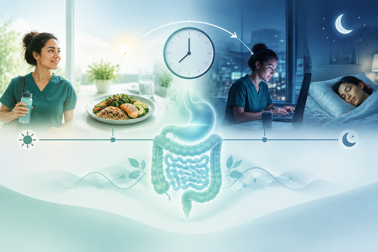 Circadian rhythm, night-shift work, and digestion shown with meals, sleep, and a biological clock