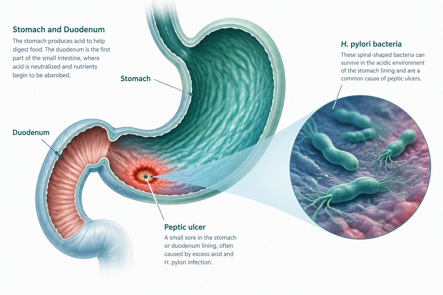 Stomach and duodenum illustration showing smoking, peptic ulcers, and H. pylori