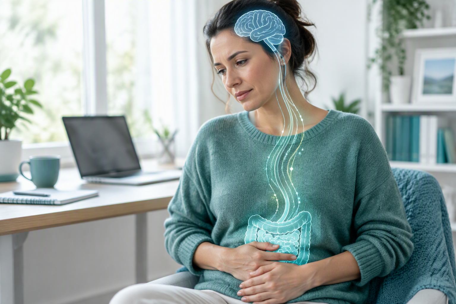 Stress affecting digestion through the gut-brain axis, with bloating and abdominal discomfort