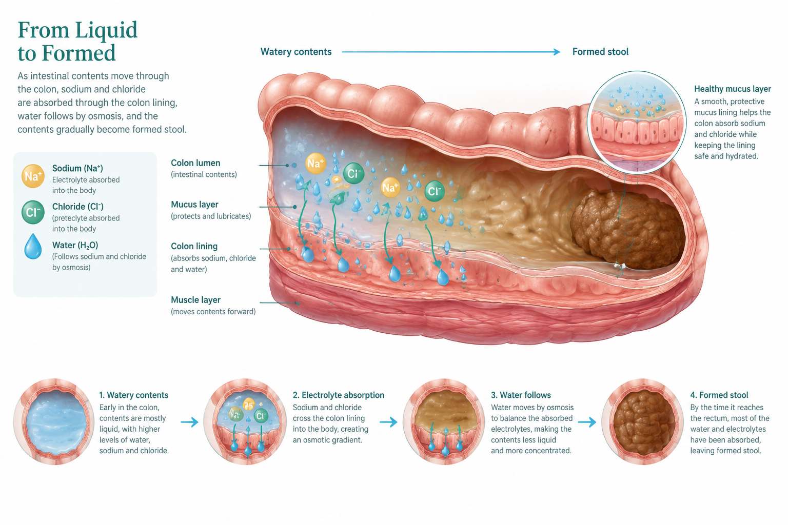 Colon water absorption and electrolyte movement during stool formation