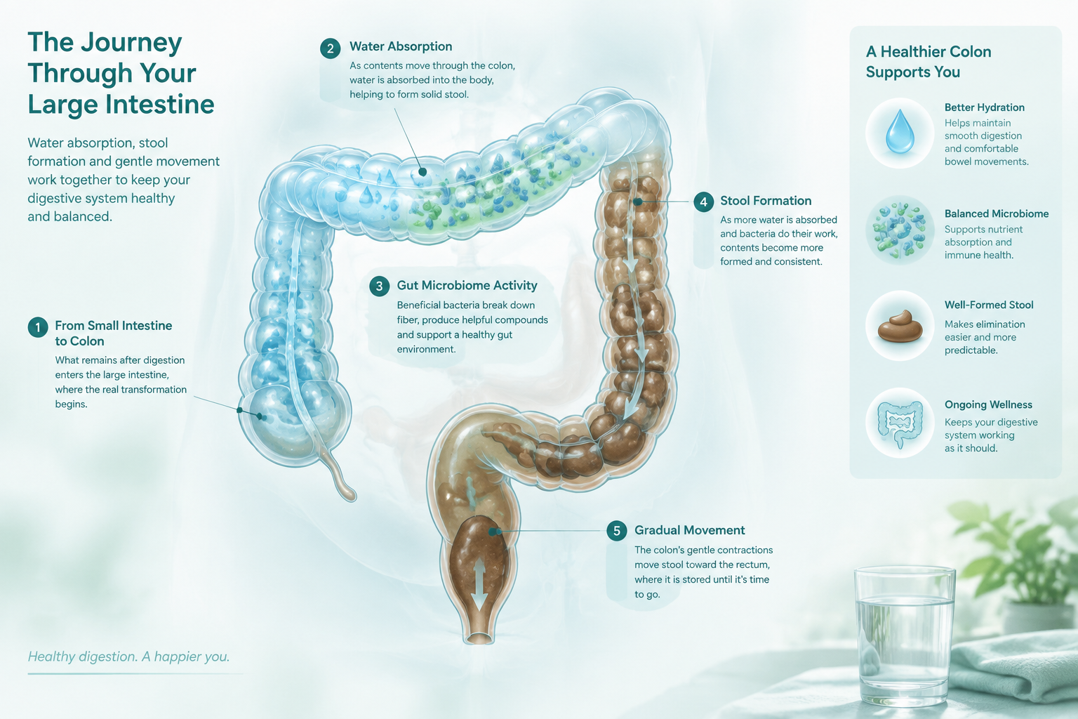 Colon illustration showing water absorption and stool formation