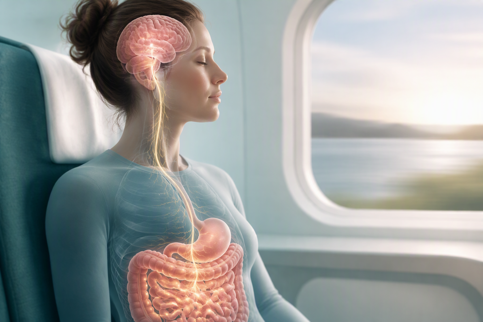 Gut-brain axis illustration showing IBS symptoms and travel-related nausea