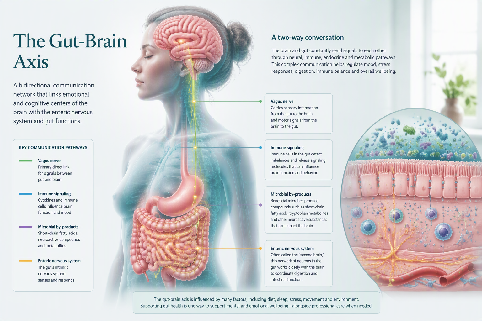 Medical illustration of the gut-brain axis, vagus nerve, and digestive system
