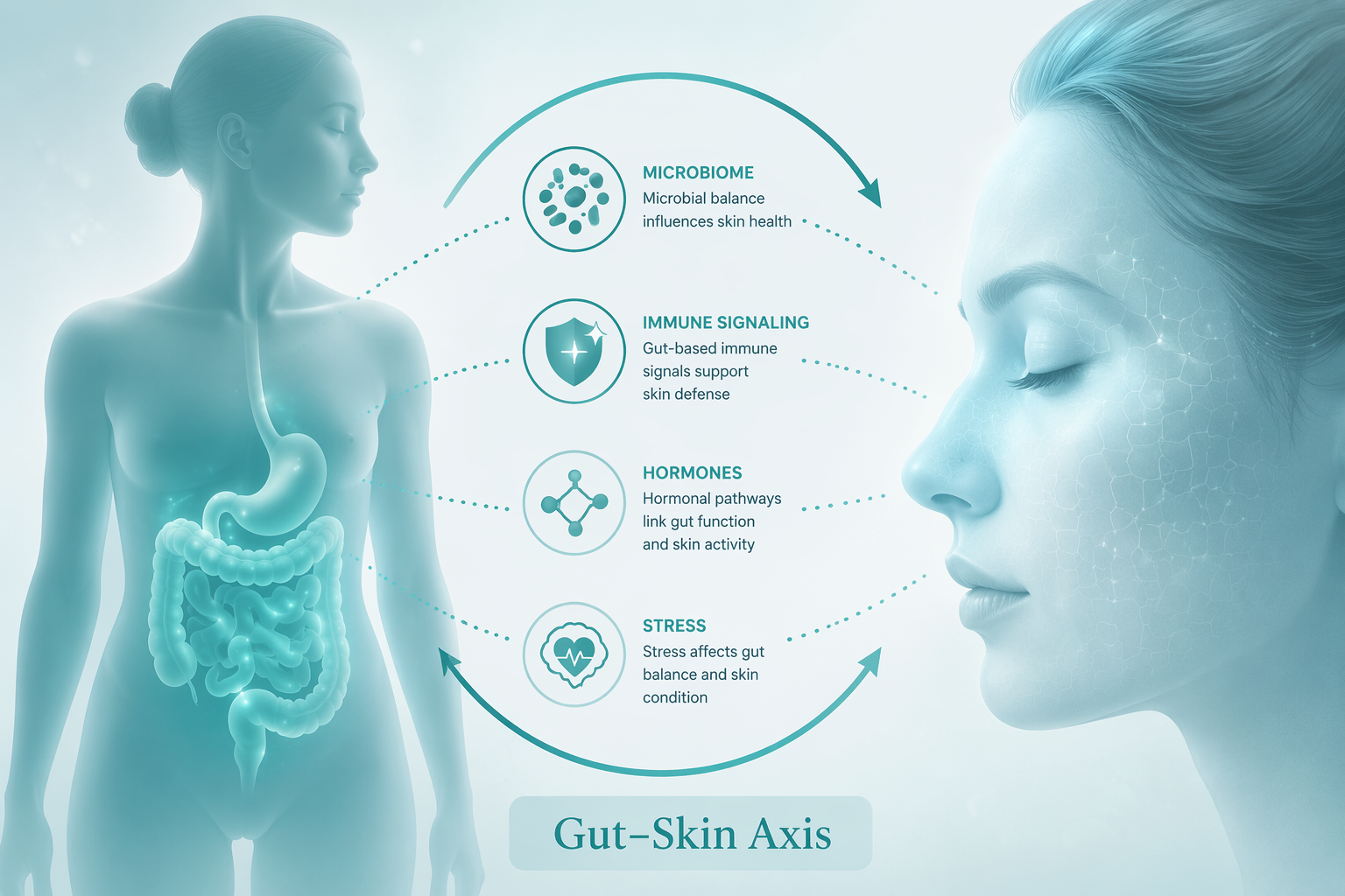 Infographic showing gut-skin axis linking microbiome, immune signals, hormones, and stress
