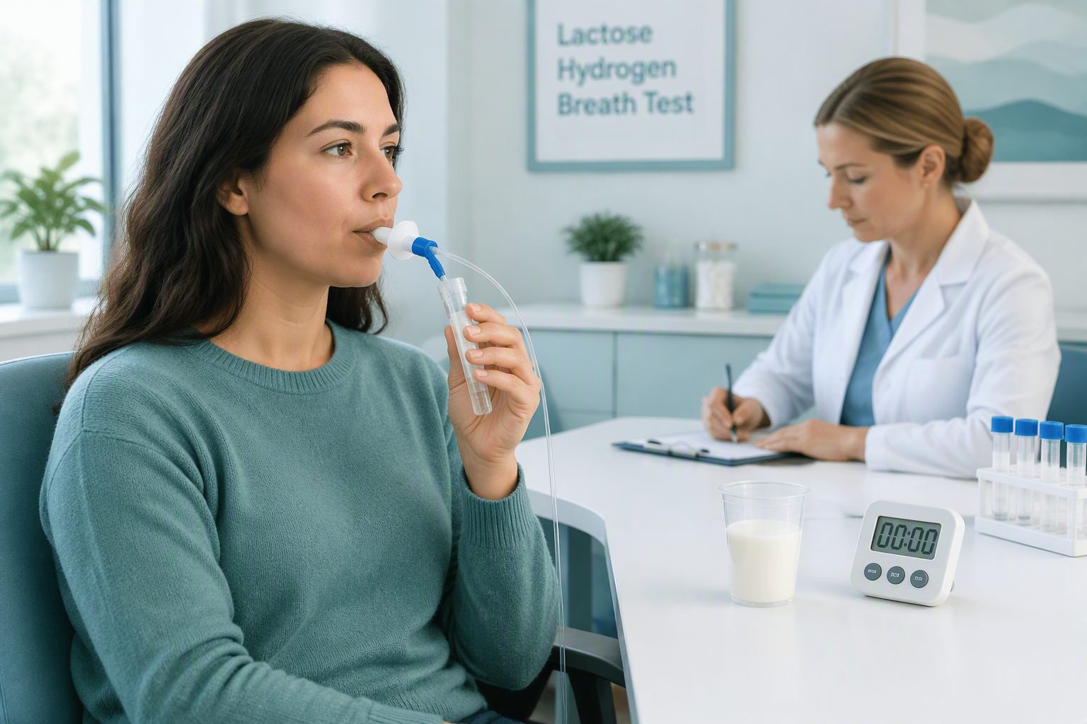 Hydrogen breath test for lactose malabsorption with timed breath samples
