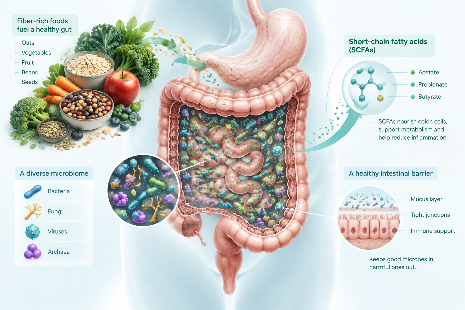 Gut microbiome diversity, fiber-rich foods, and intestinal barrier supporting the gut-brain axis