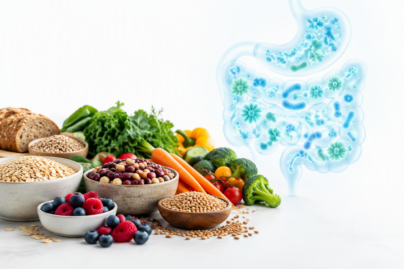 Gut health diet foods supporting the gut microbiome through fiber and plant variety