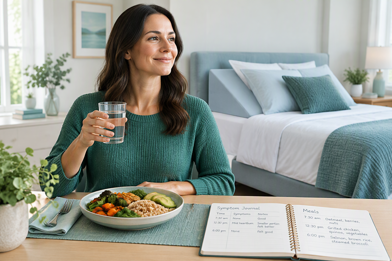 Acid reflux treatment with smaller meals, symptom tracking, and upright positioning