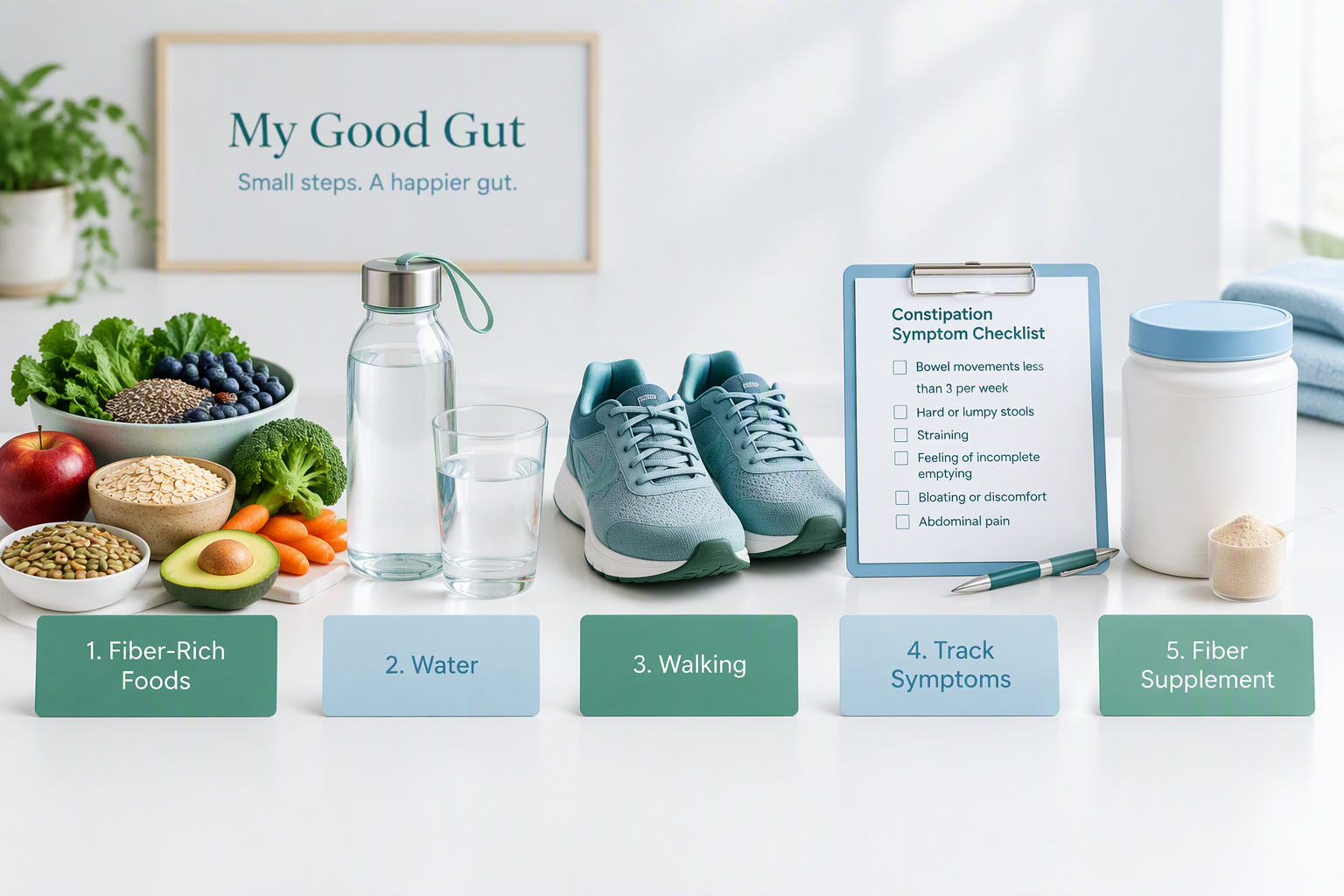 Step-by-step constipation treatment with fiber, fluids, movement, and clinician guidance