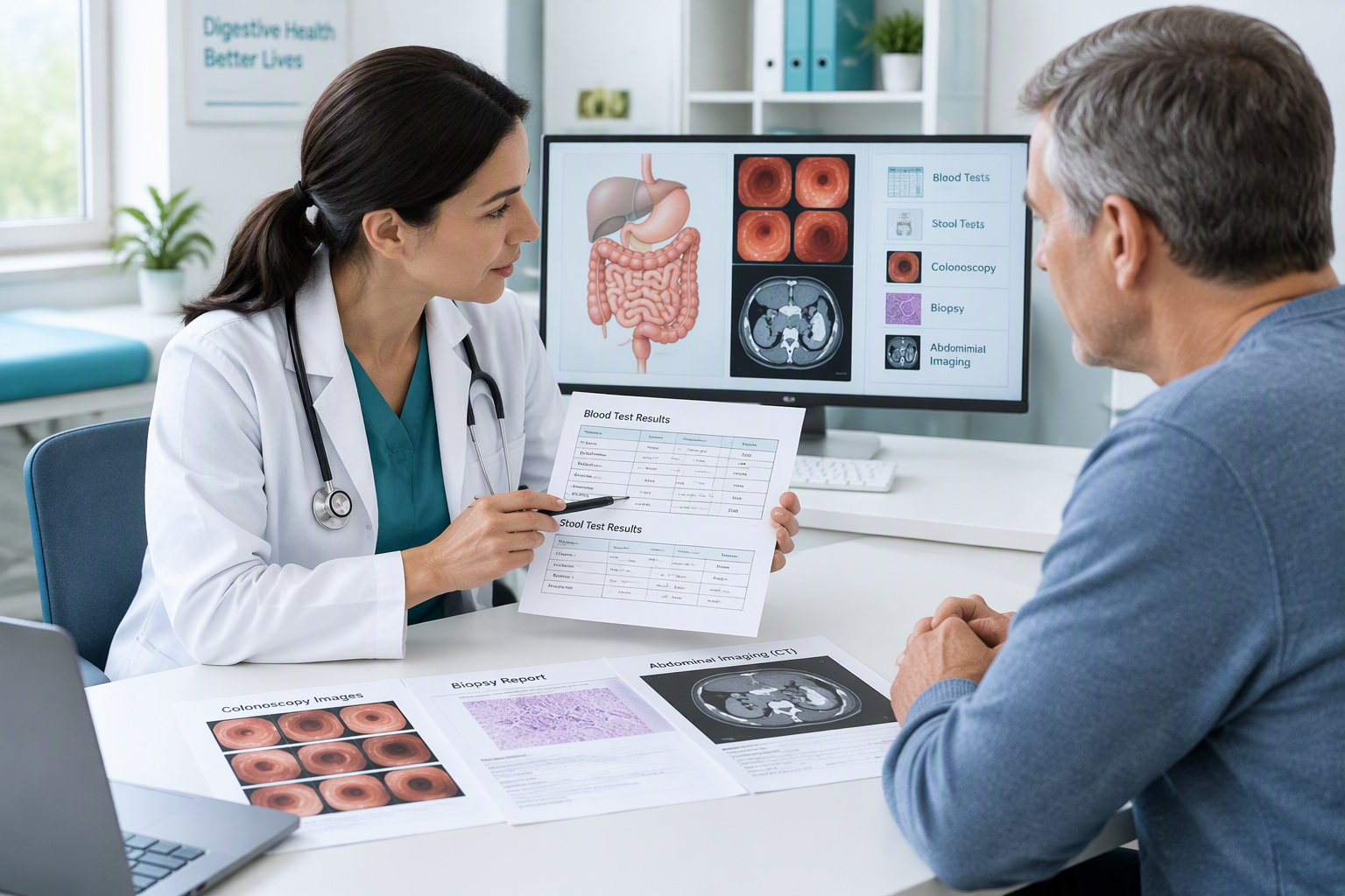 Crohn's disease diagnosis with colonoscopy, biopsy, blood, and stool tests