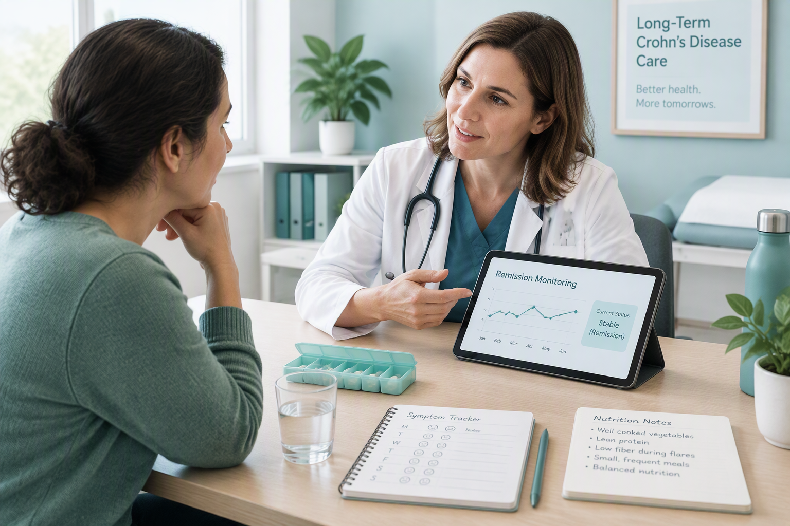 Crohn's disease treatment plan with medication, nutrition, and monitoring