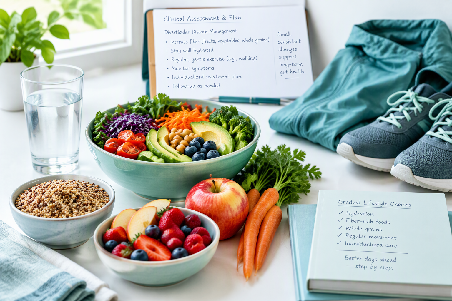 Fiber-rich foods, hydration, and lifestyle choices for diverticular disease management