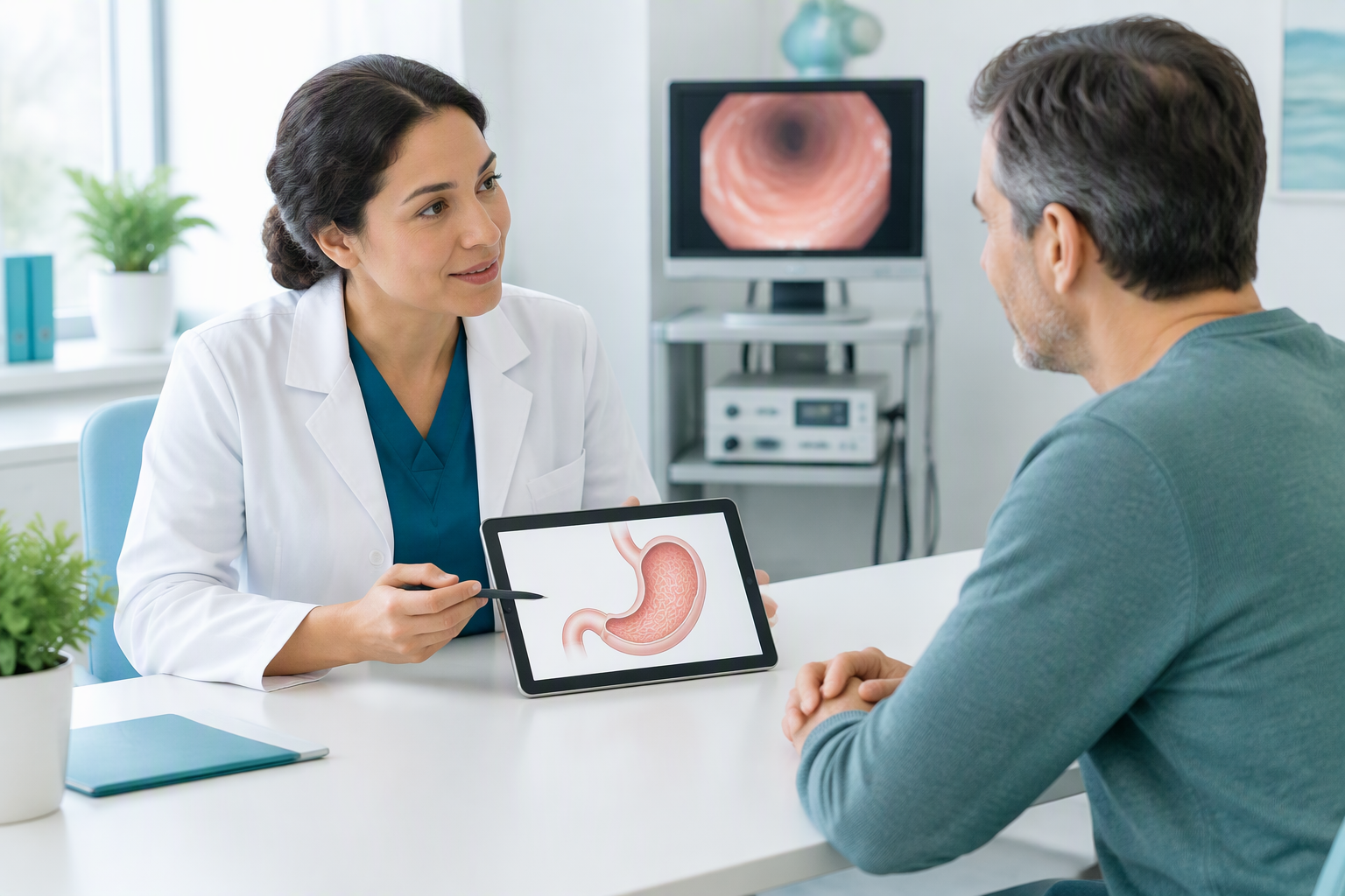 Clinician discussing gastritis diagnosis, H. pylori testing, and endoscopy with a patient