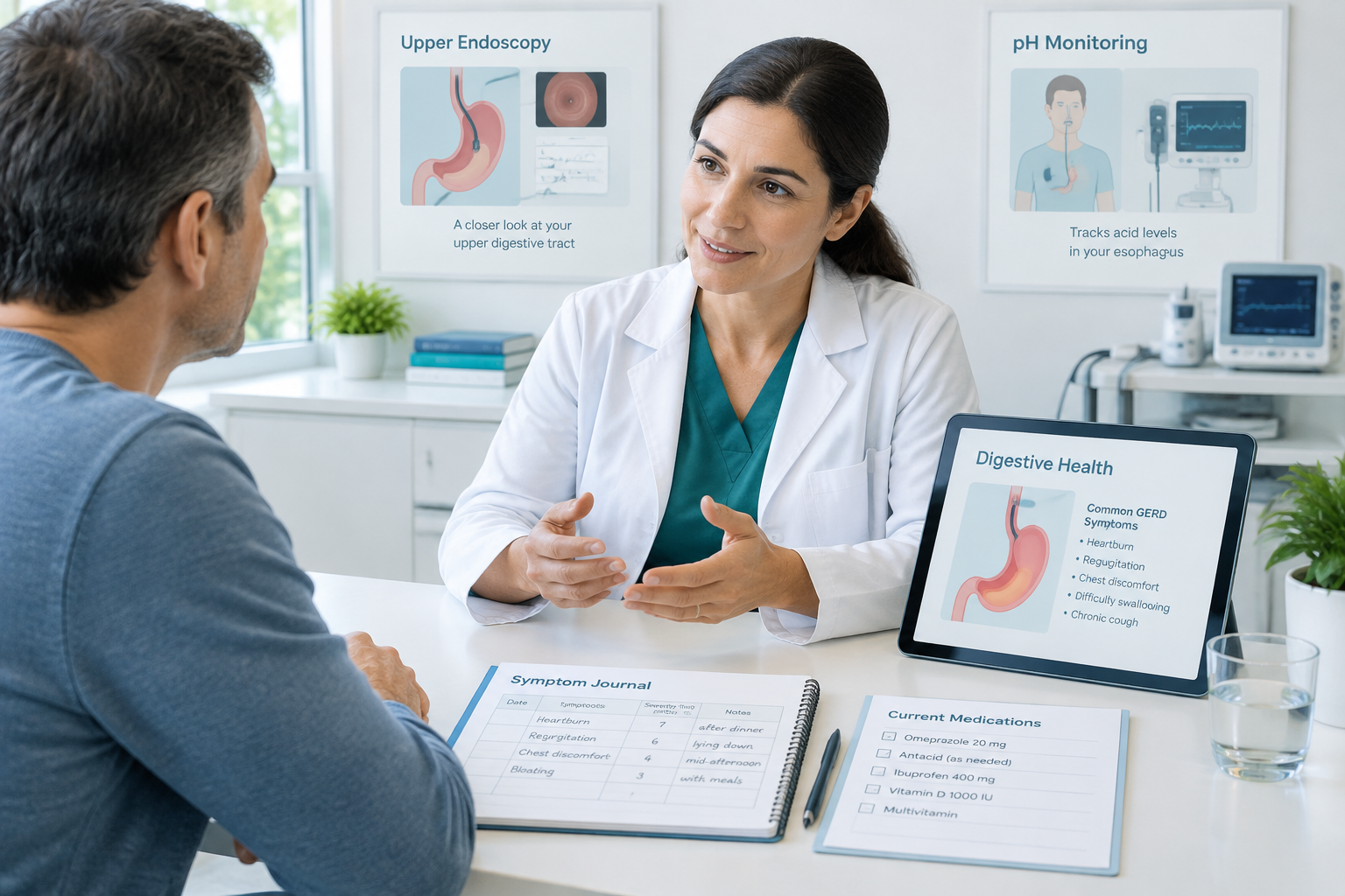 GERD diagnosis consultation with symptom journal and reflux testing information