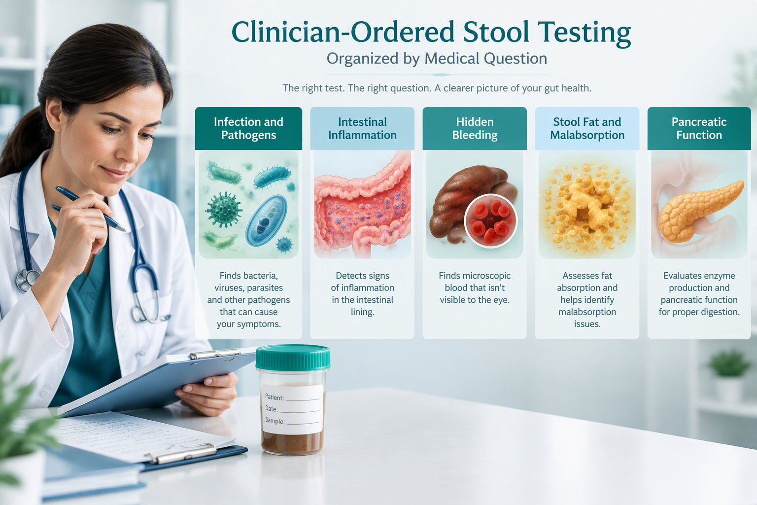 Clinician organizing stool tests for infection, inflammation, bleeding, and digestion