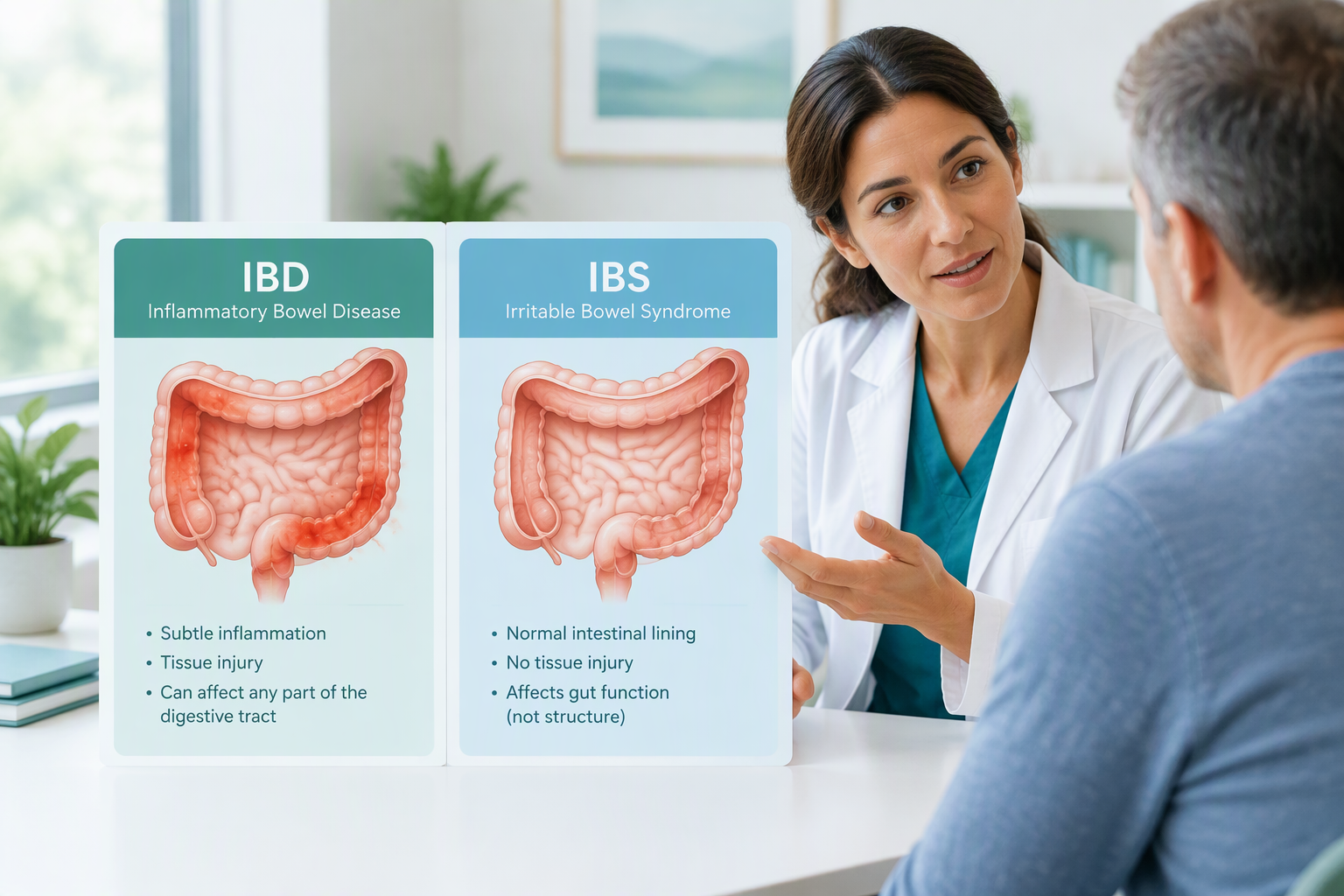 IBD vs IBS comparison showing intestinal inflammation in IBD and a normal lining in IBS