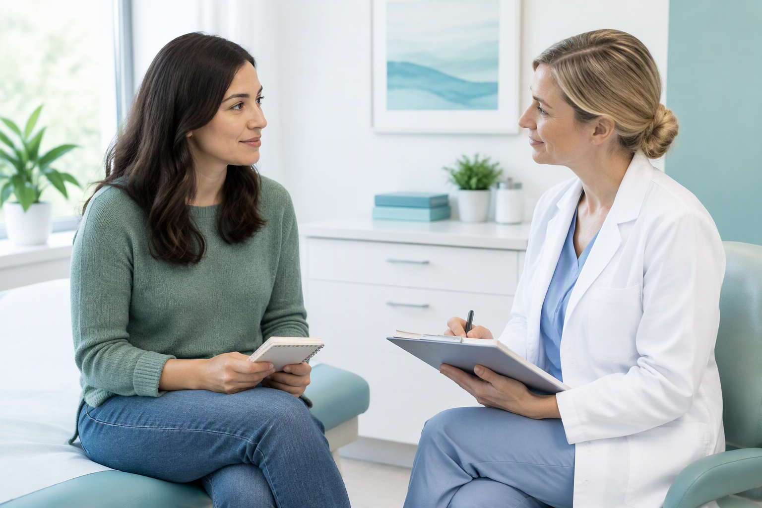 Clinician reviewing an IBS symptom history with a patient during diagnosis