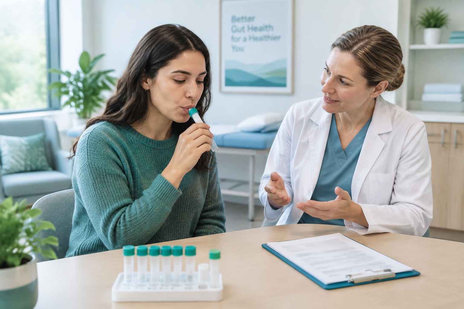 Patient completing a hydrogen and methane breath test for SIBO
