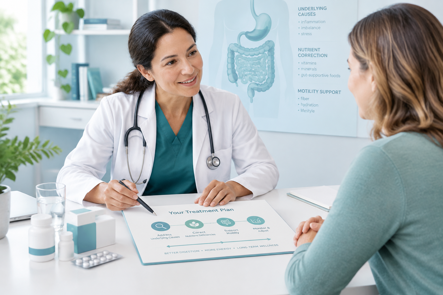 Clinician discussing SIBO treatment and relapse prevention with a patient
