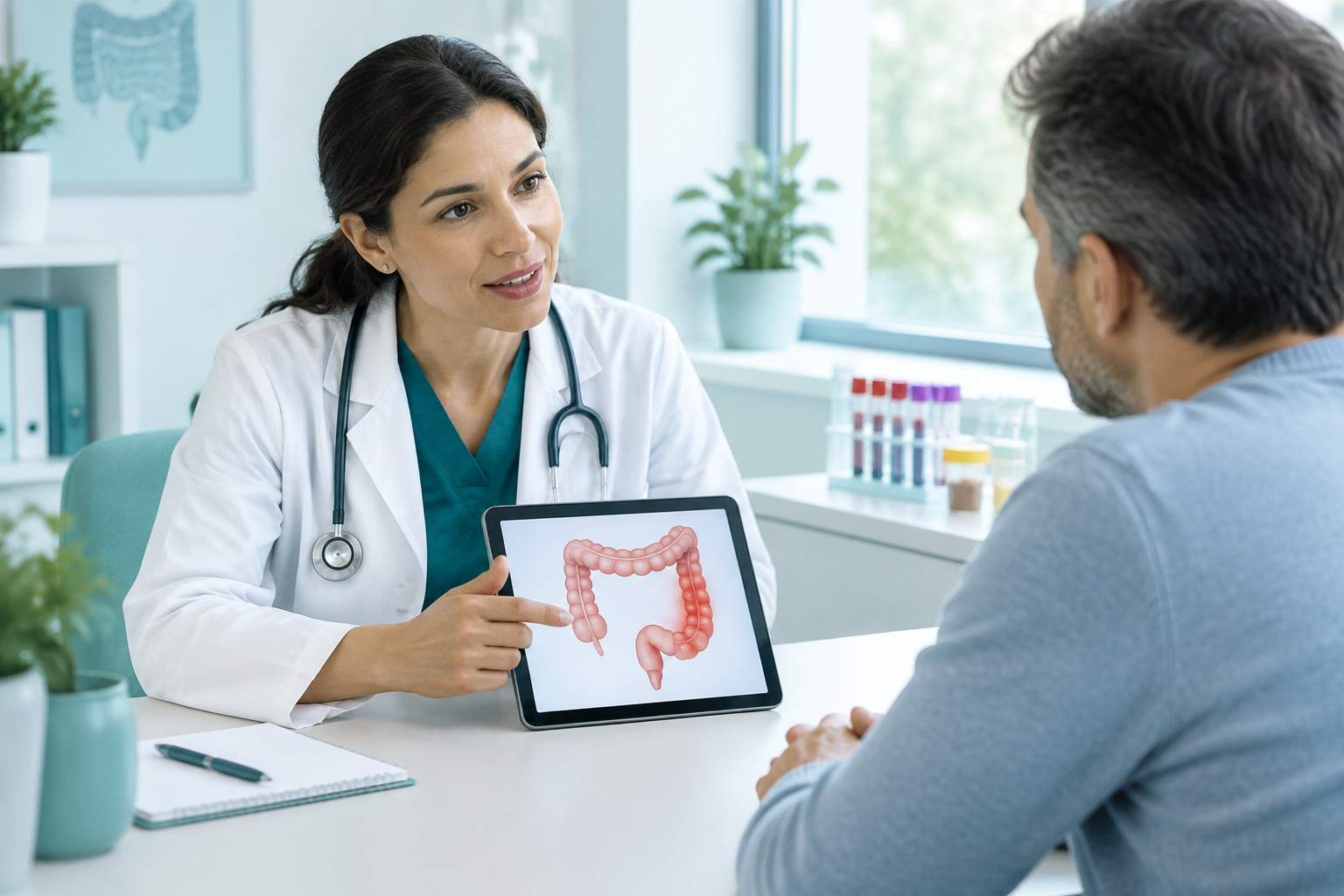 Gastroenterologist discussing ulcerative colitis diagnosis, colonoscopy, tests, and treatment