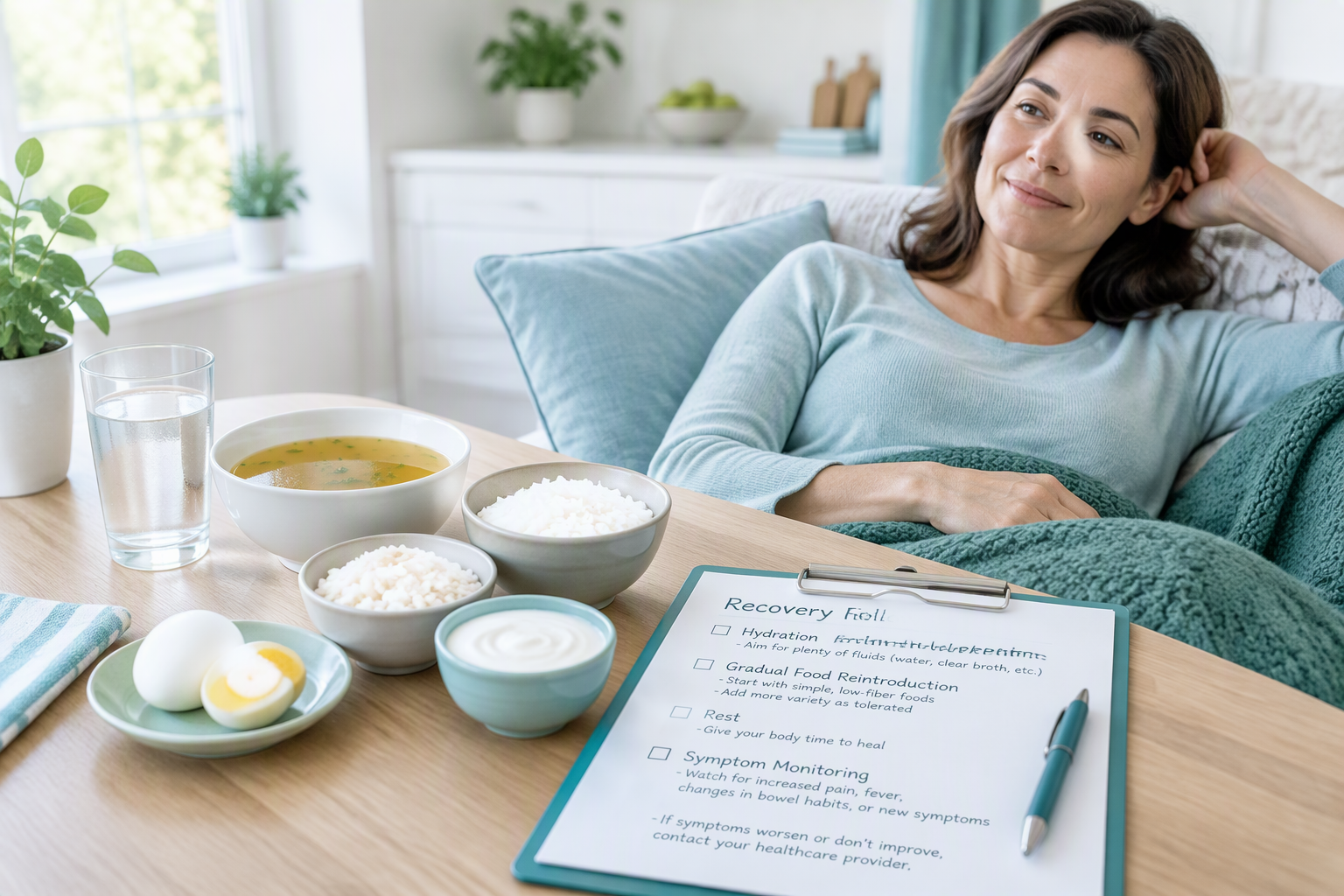 Home care for uncomplicated diverticulitis with fluids and gradual food reintroduction