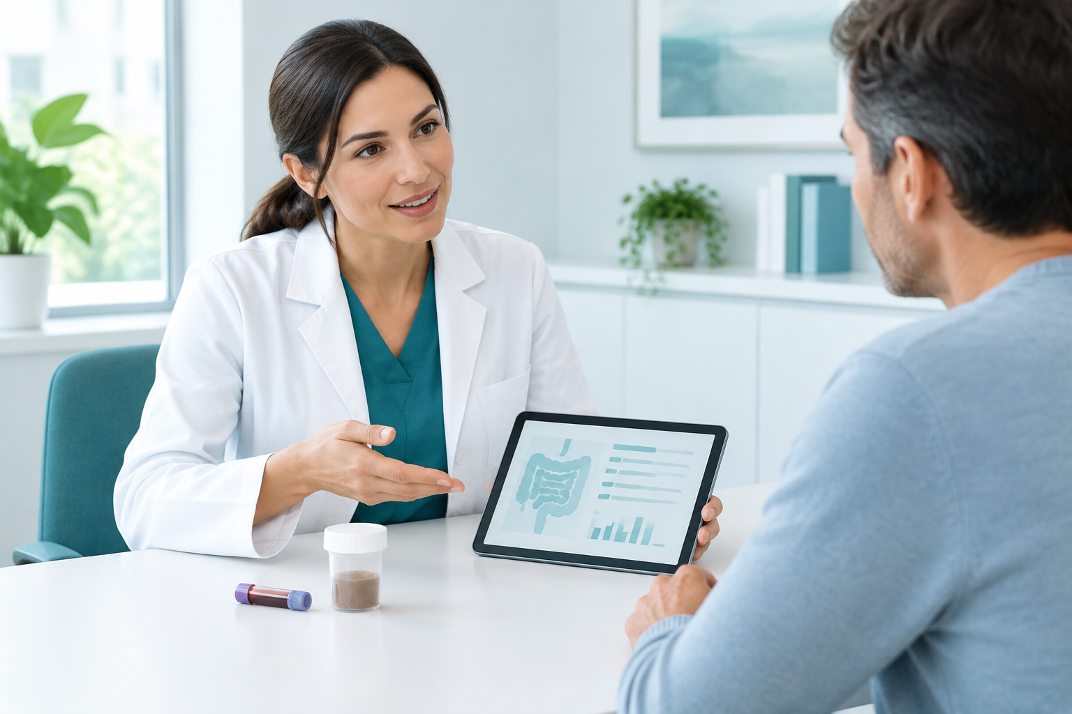 Clinician explaining blood and stool tests used to investigate malabsorption