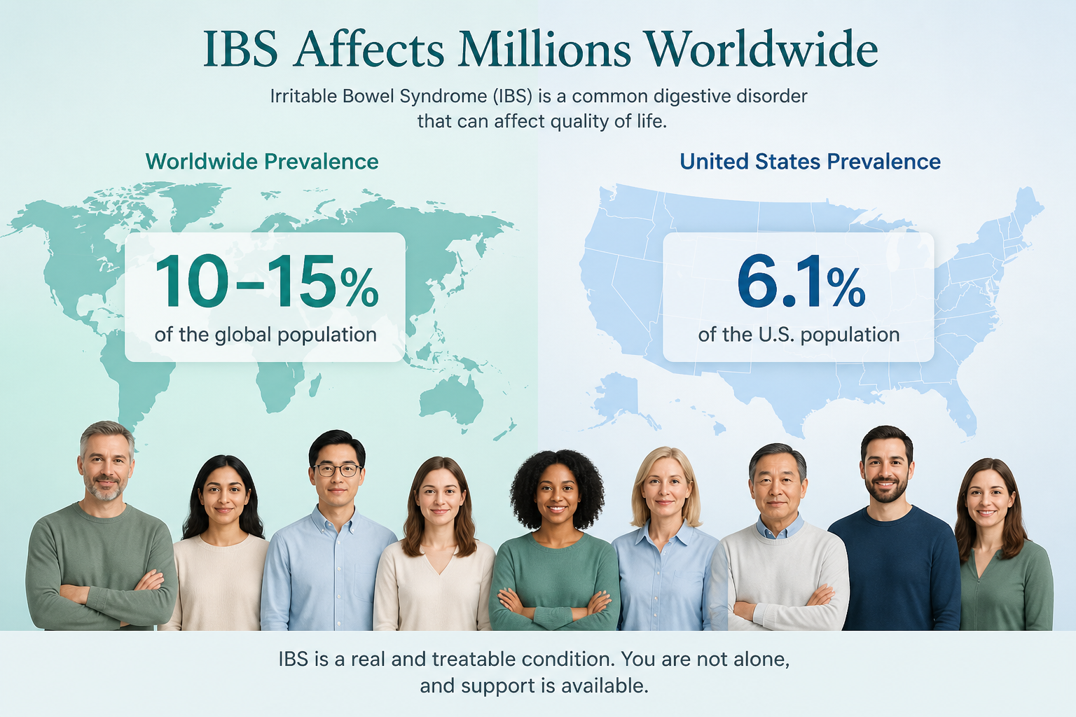 IBS prevalence comparison showing 10–15% worldwide and 6.1% in the US