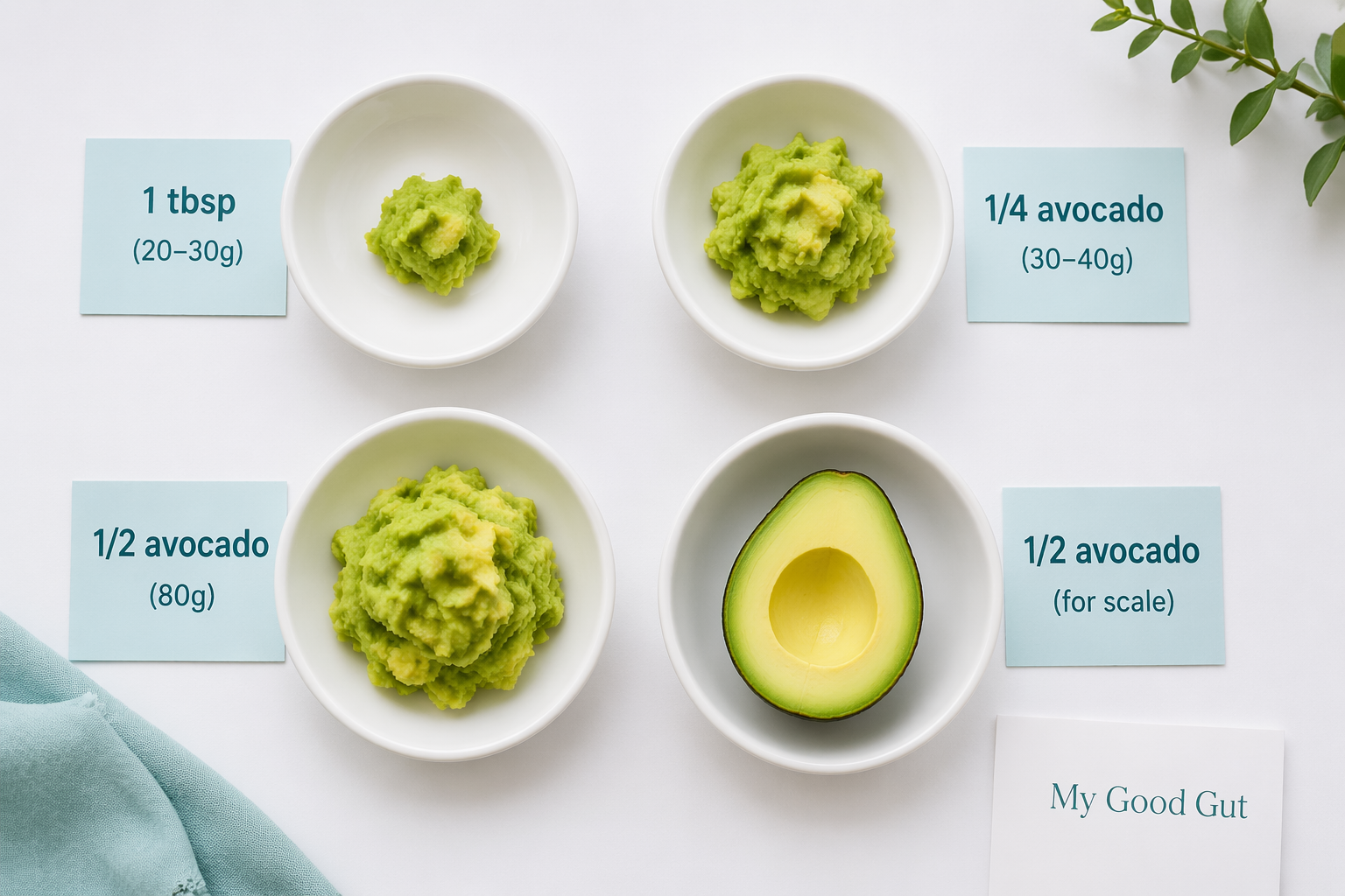 Portion guide showing 1 tbsp, 1/4 and 1/2 avocado servings for FODMAP guidance