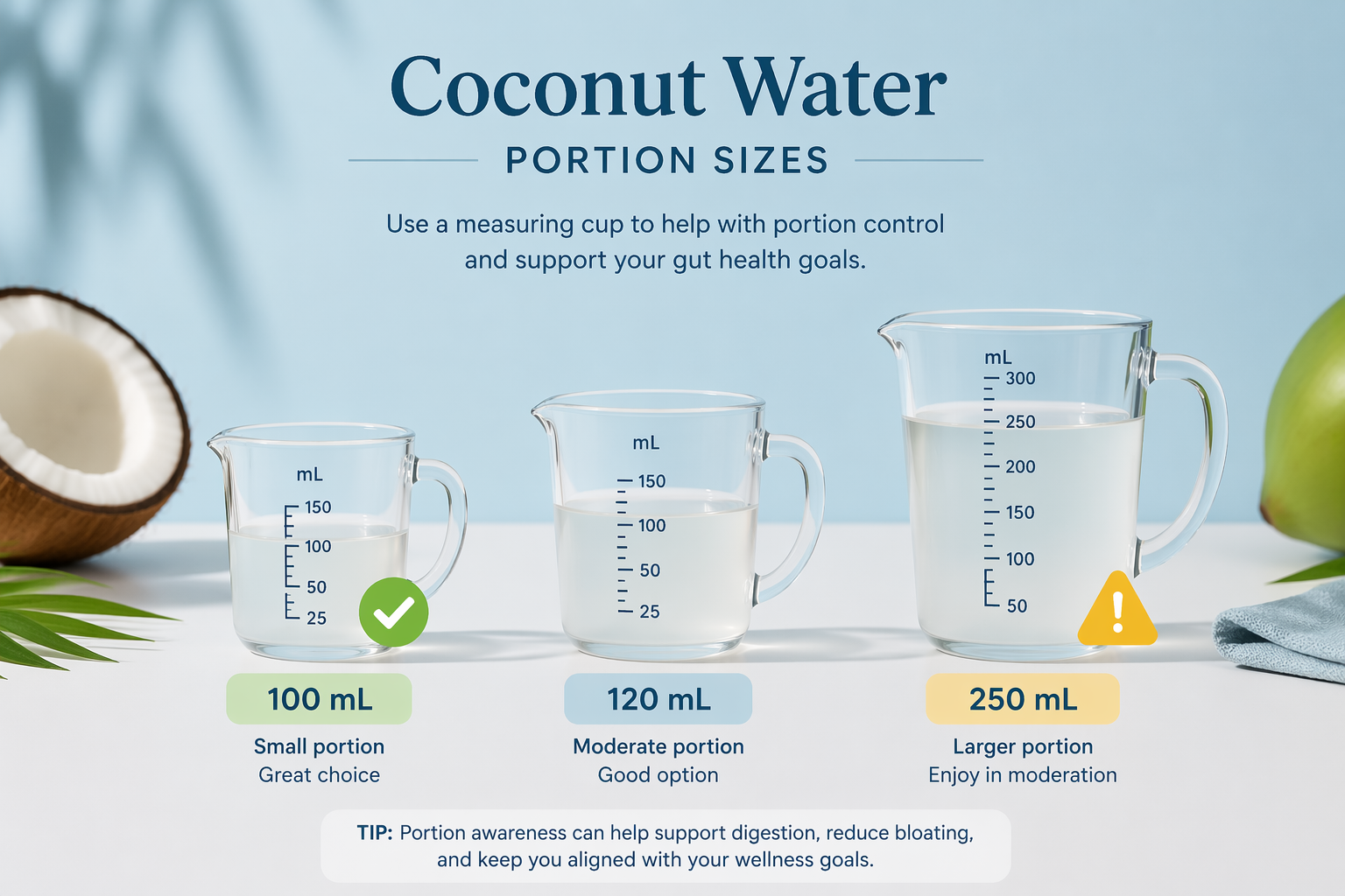 Measured coconut water portions 100 mL, 120 mL, 250 mL for FODMAP guidance