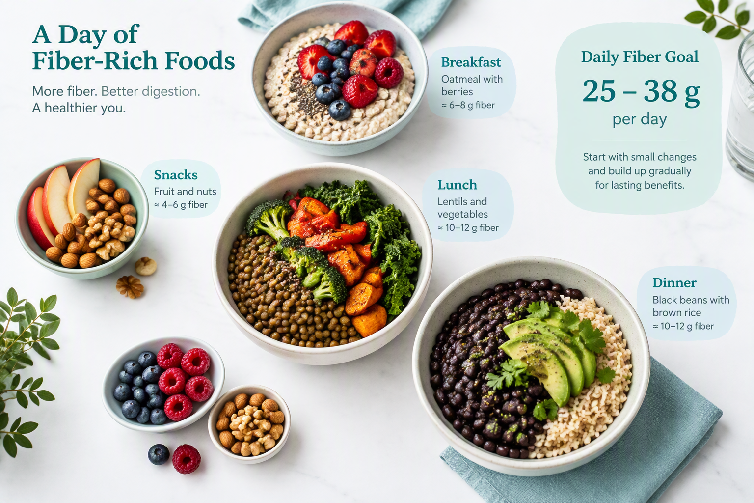Daily fiber goal of 25 to 38 grams shown with high-fiber foods