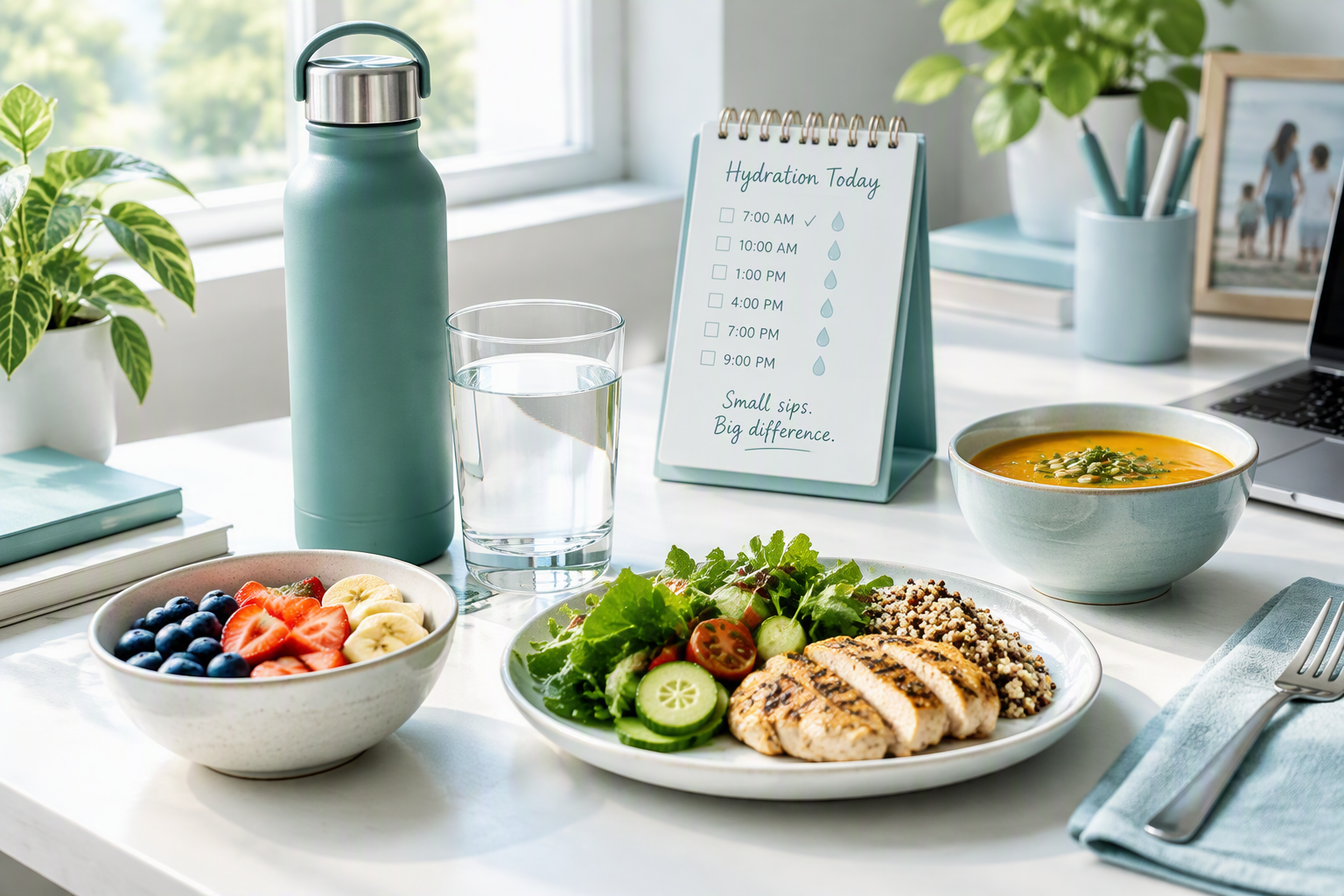 Daily fluid intake for digestion with water, meals, and hydration habits