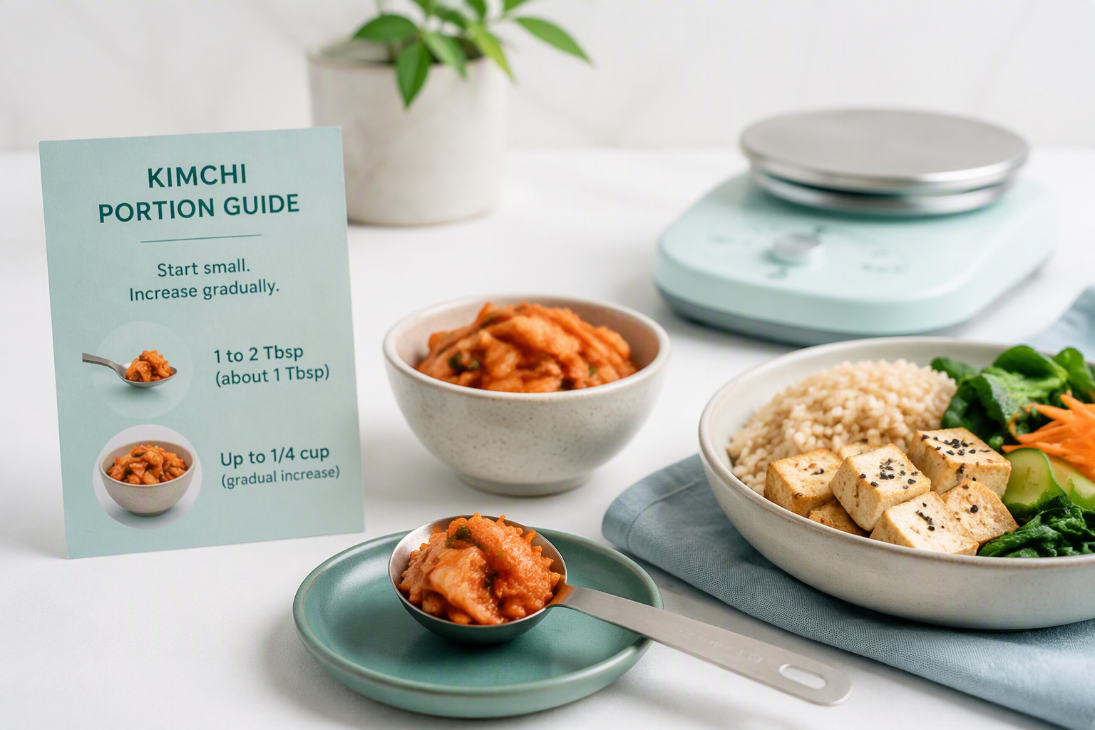 Measured kimchi portions showing a small starting serving for digestive tolerance