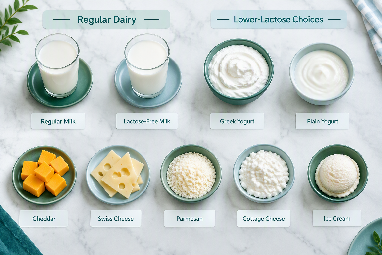 Common dairy foods compared with lactose-free milk, yogurt, and aged cheese