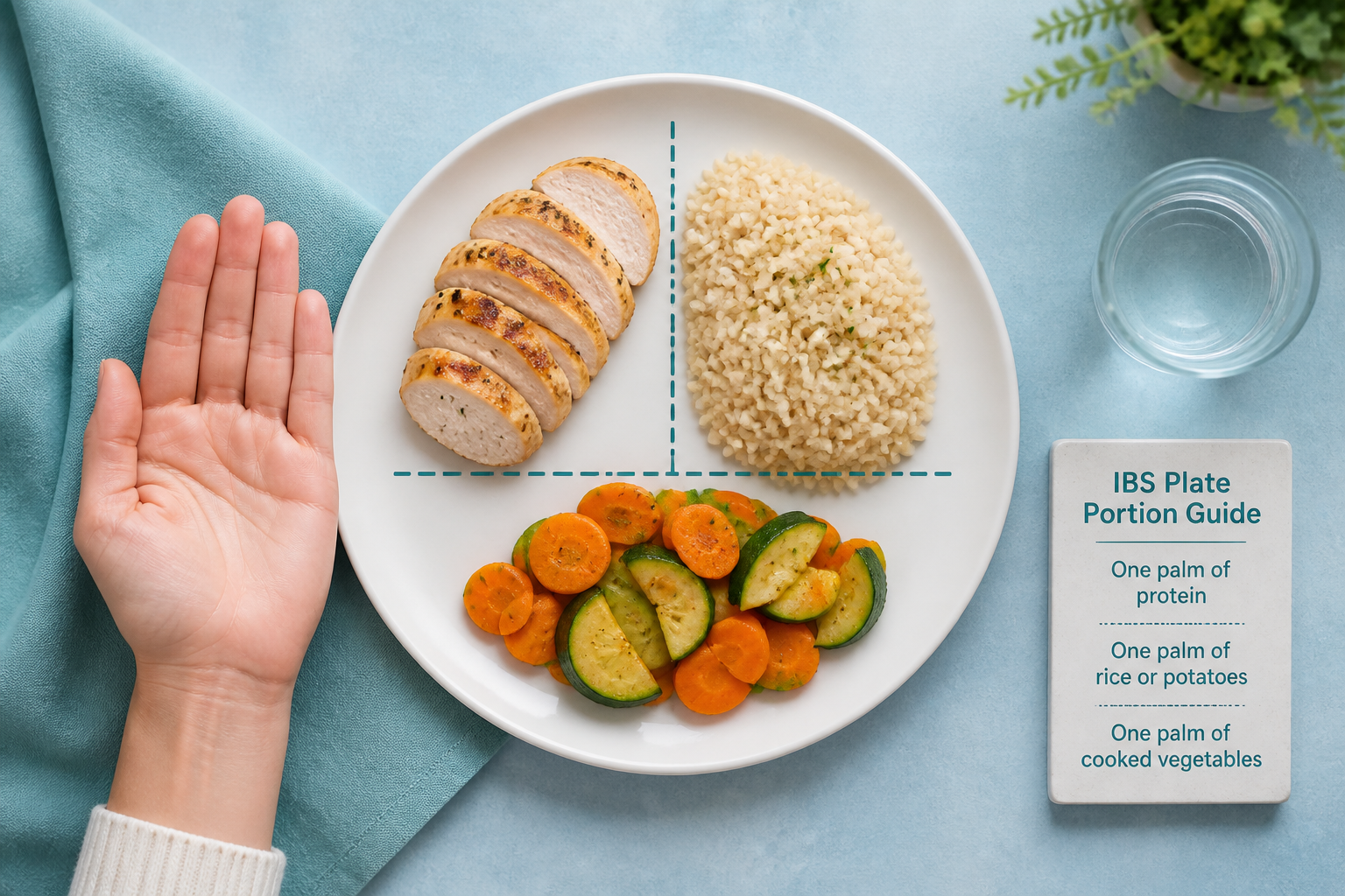 Portion guide: one palm of meat with balanced sides for IBS and meat portion control