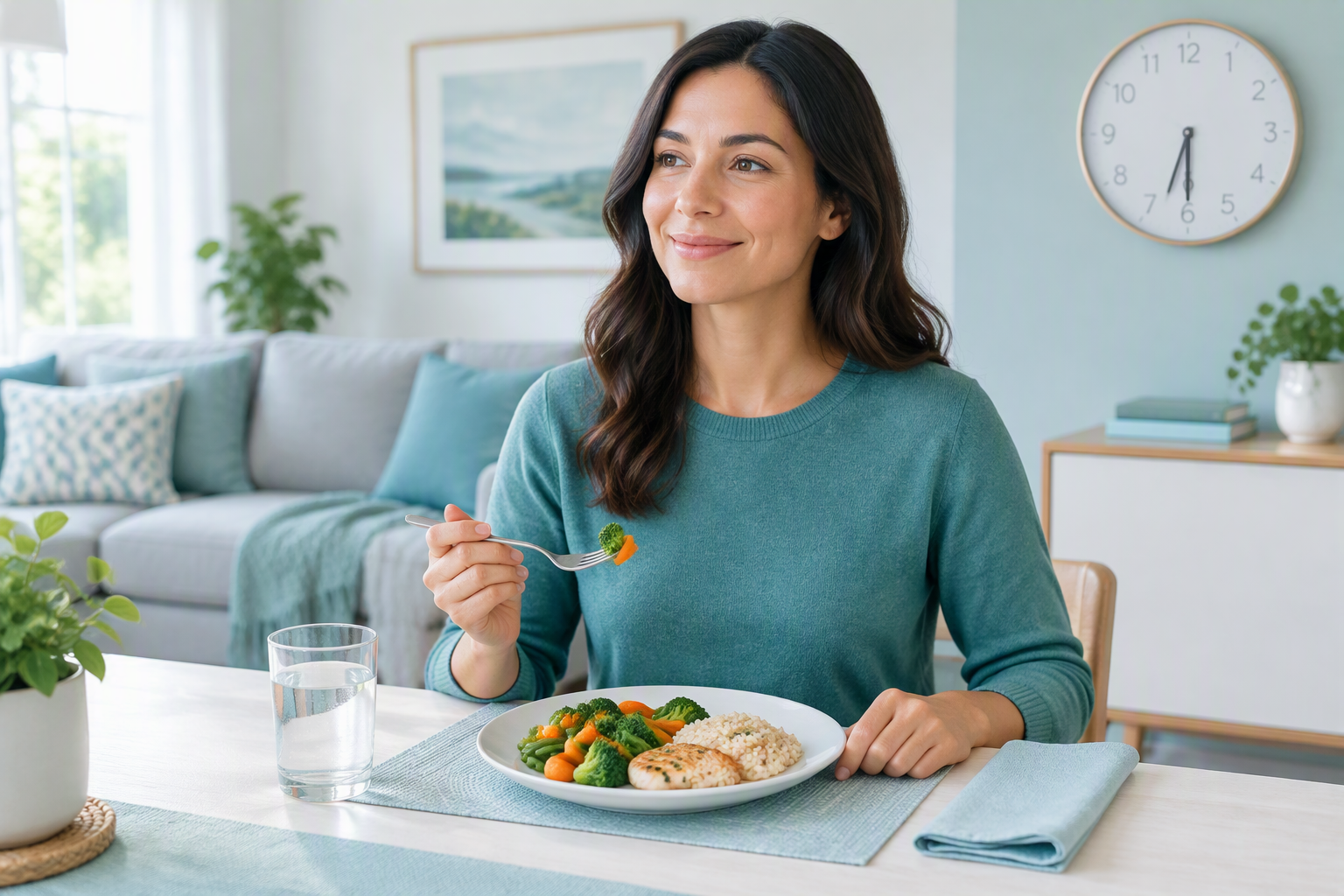 Earlier moderate dinner and upright posture for meal timing, bloating, and reflux