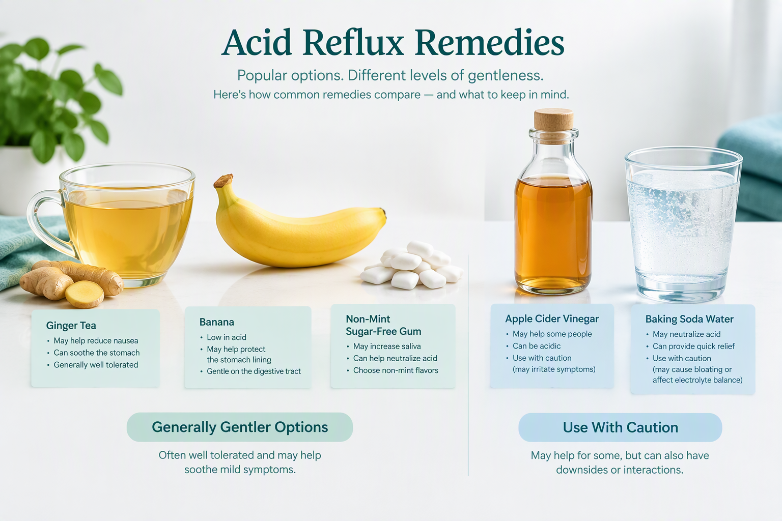 Ginger tea, banana, gum, vinegar, and baking soda remedies for acid reflux