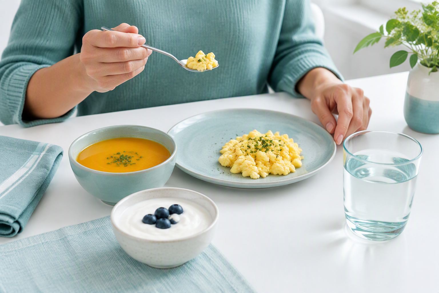 Small gastroparesis meal with soft foods and a glass of water