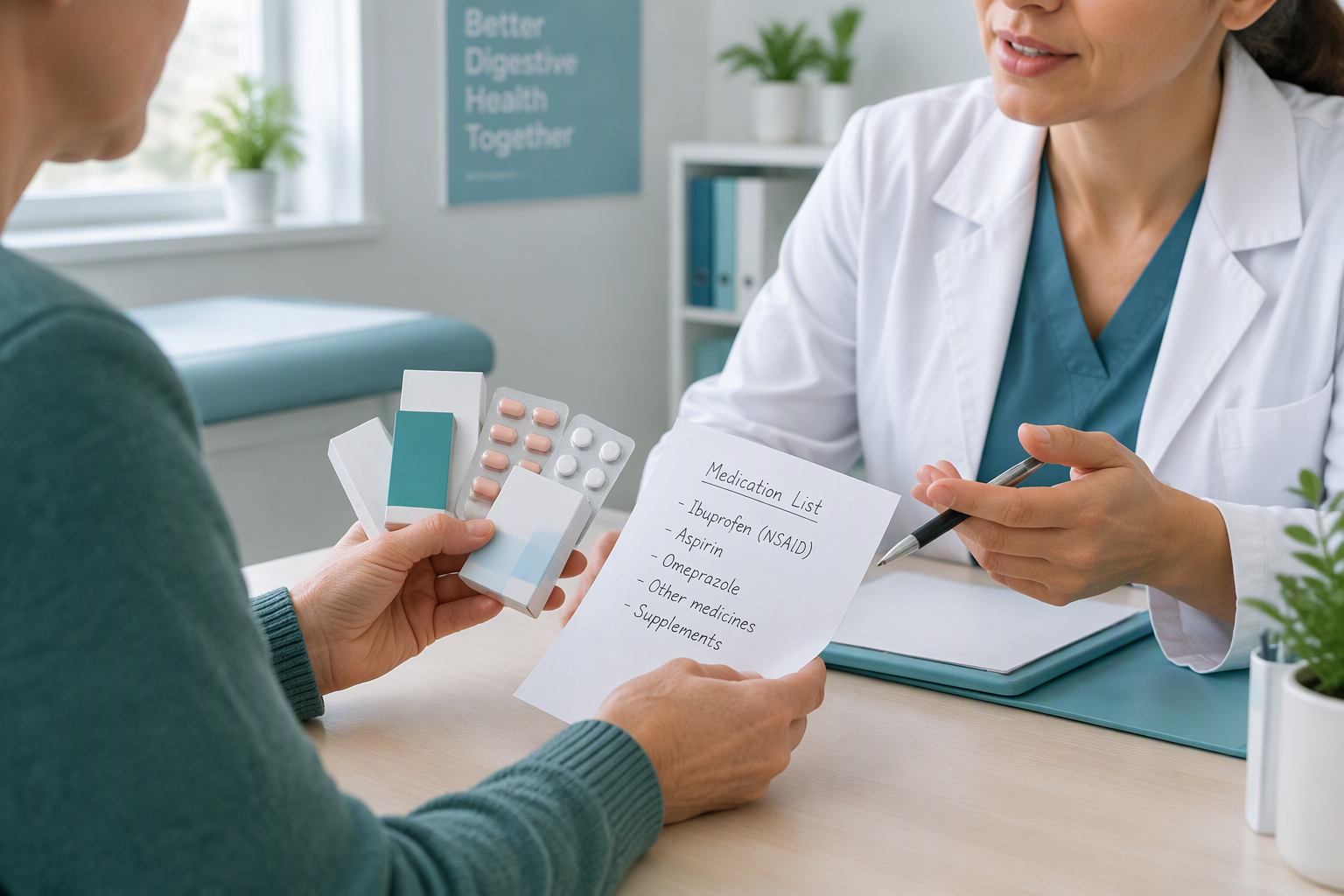 Patient reviewing NSAID and aspirin use with a clinician during ulcer treatment