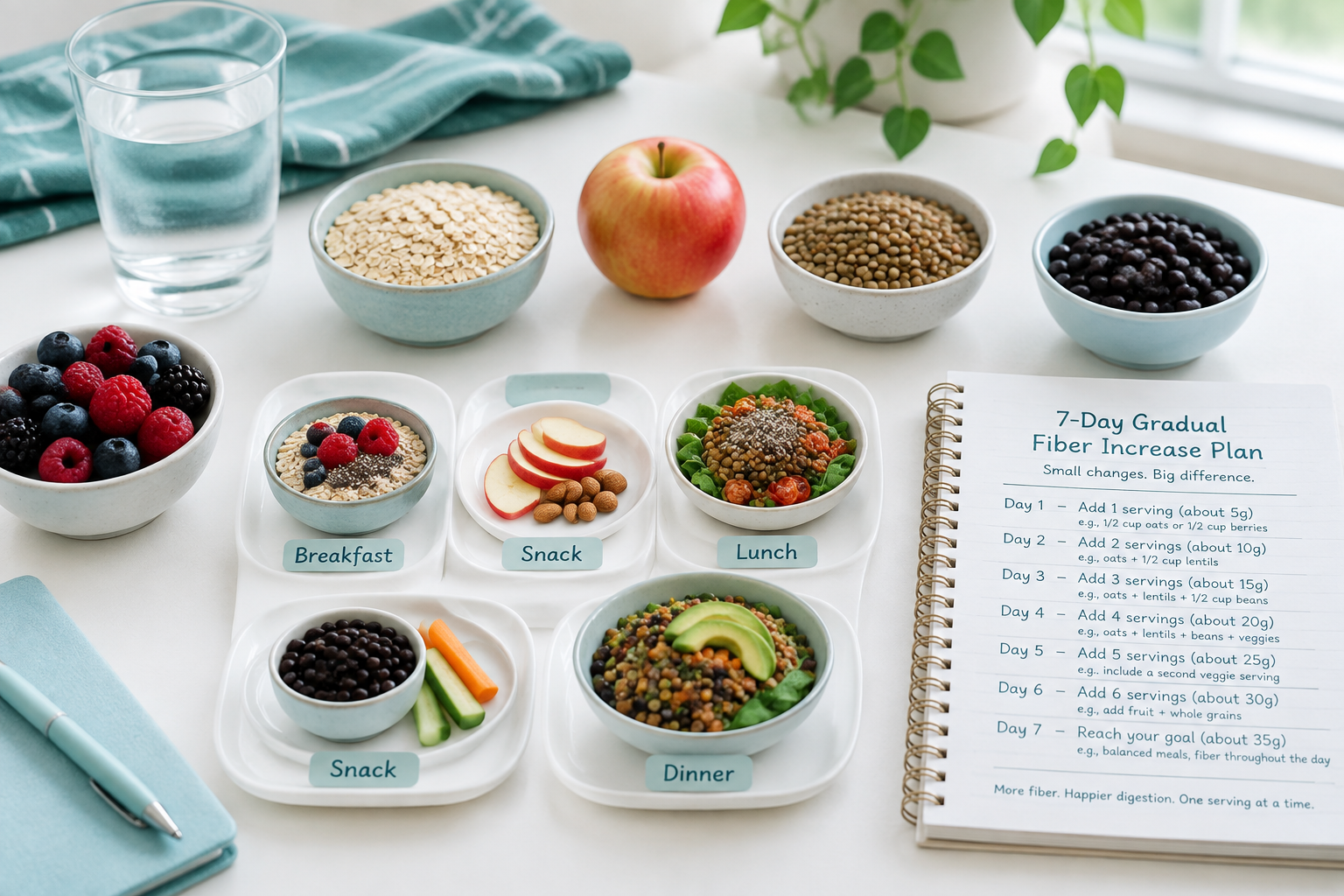 Gradual fiber increase plan with small portions, meals, and steady hydration