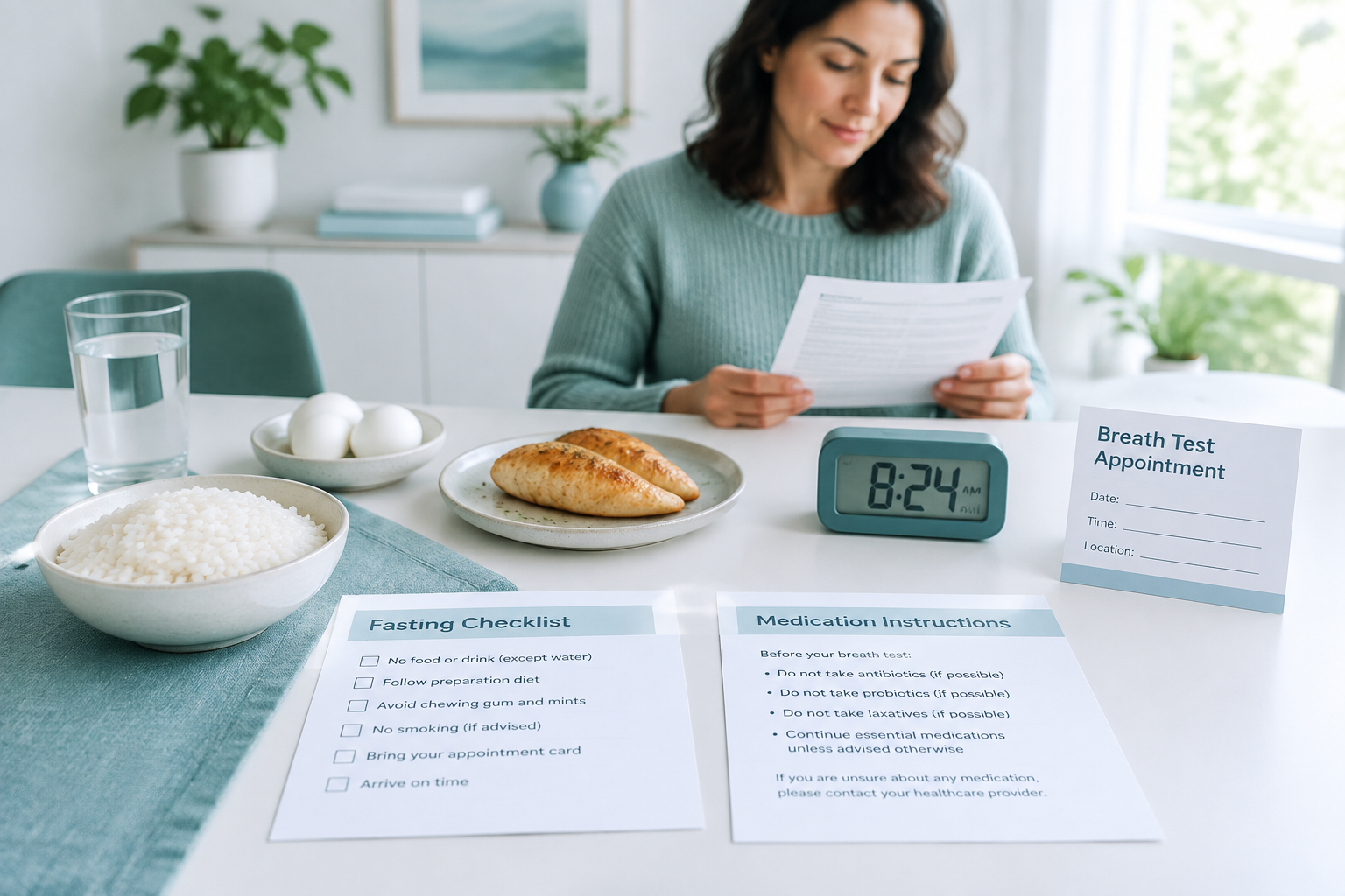 Preparing for a digestive breath test with fasting foods and instructions