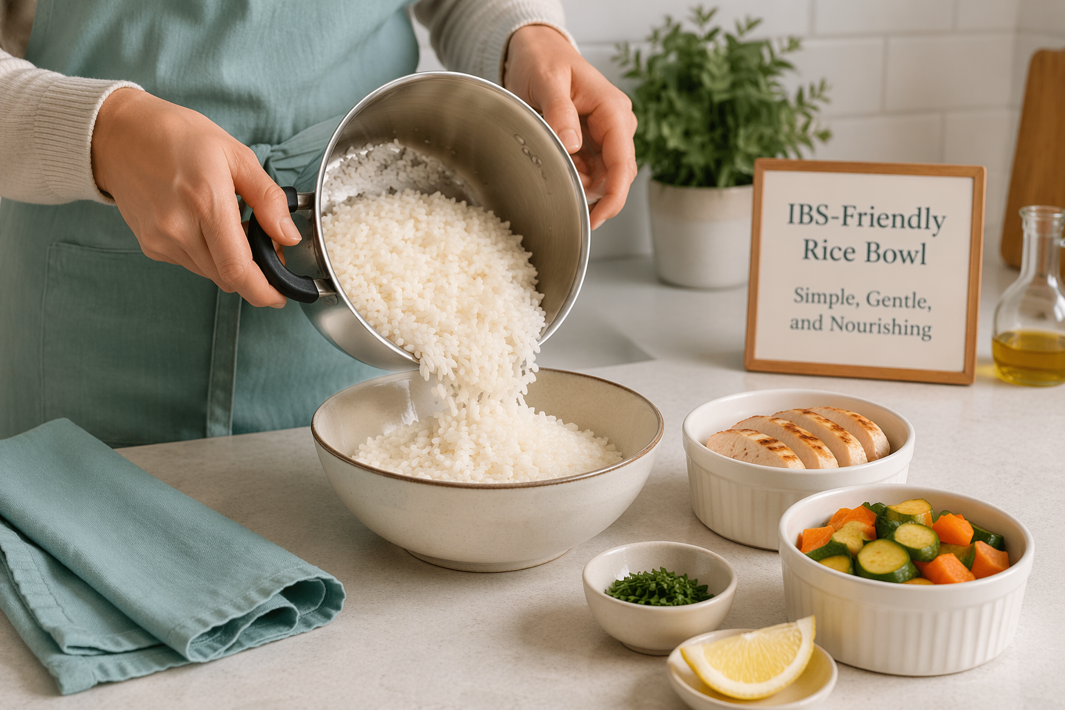 Preparing plain cooked rice with lean protein and low-FODMAP vegetables for IBS
