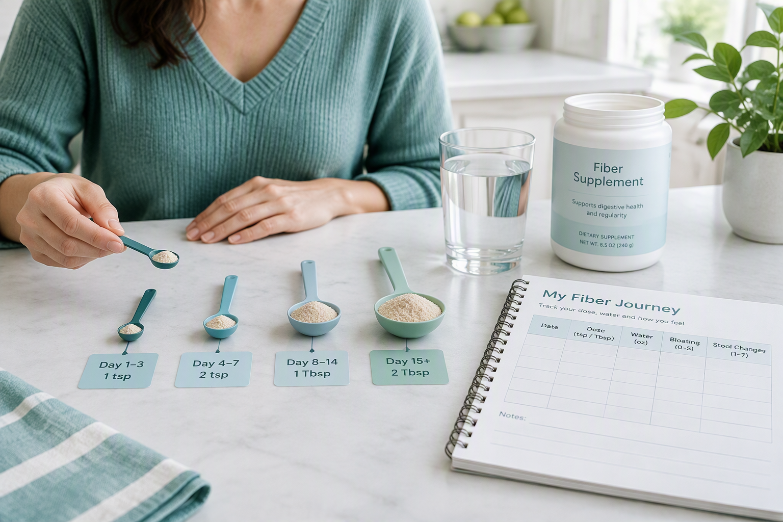 Gradual fiber supplement dosing with water and a digestive symptom tracker