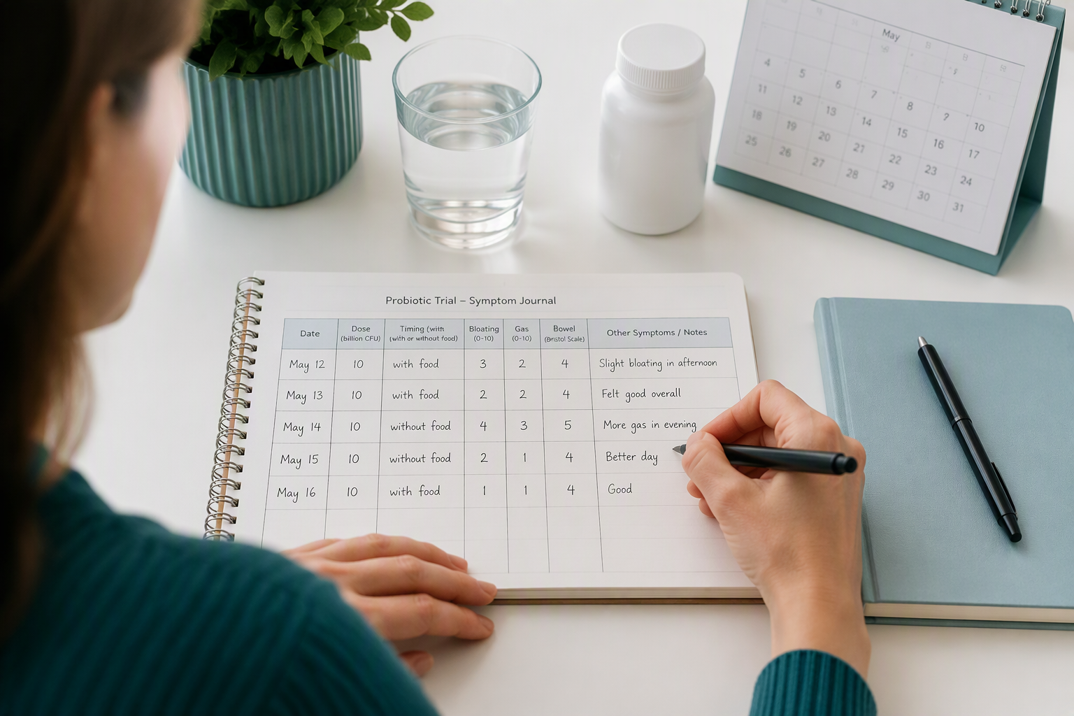 Symptom journal for monitoring probiotic dose, bloating, gas, and bowel habits