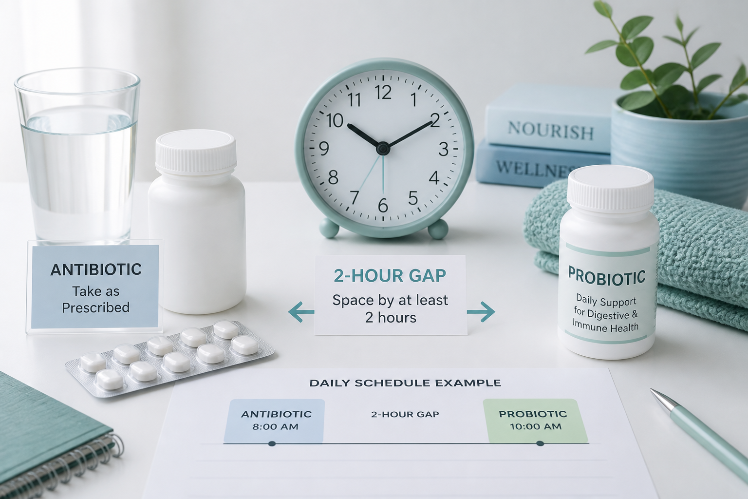 Probiotic and antibiotic schedule showing a two-hour gap between doses