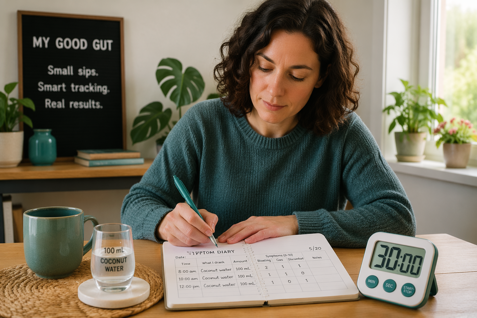 Person recording coconut water test in symptom diary after drinking 100 mL