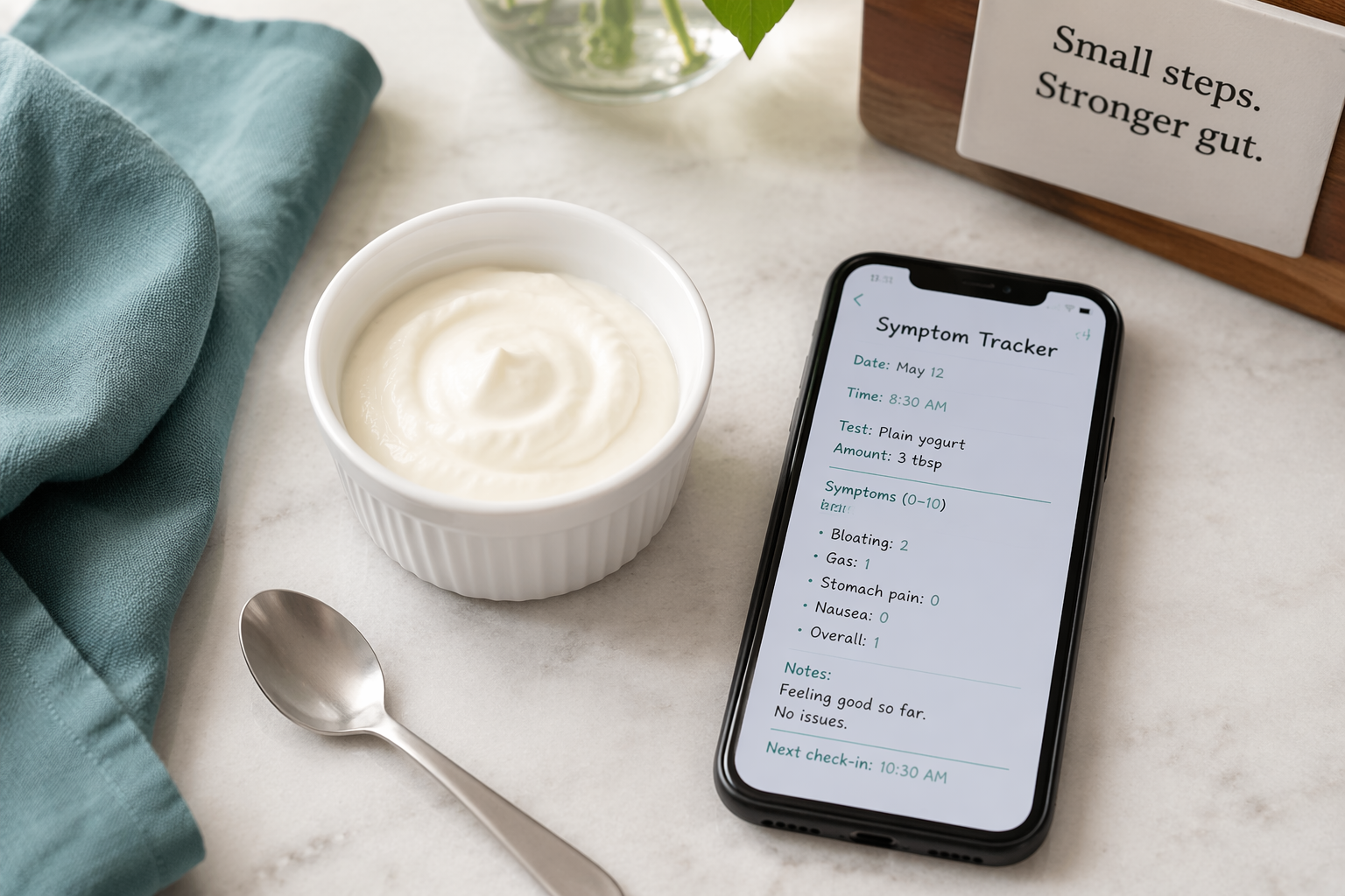 Small 2–3 tablespoon yogurt sample next to phone with symptom tracking for IBS test