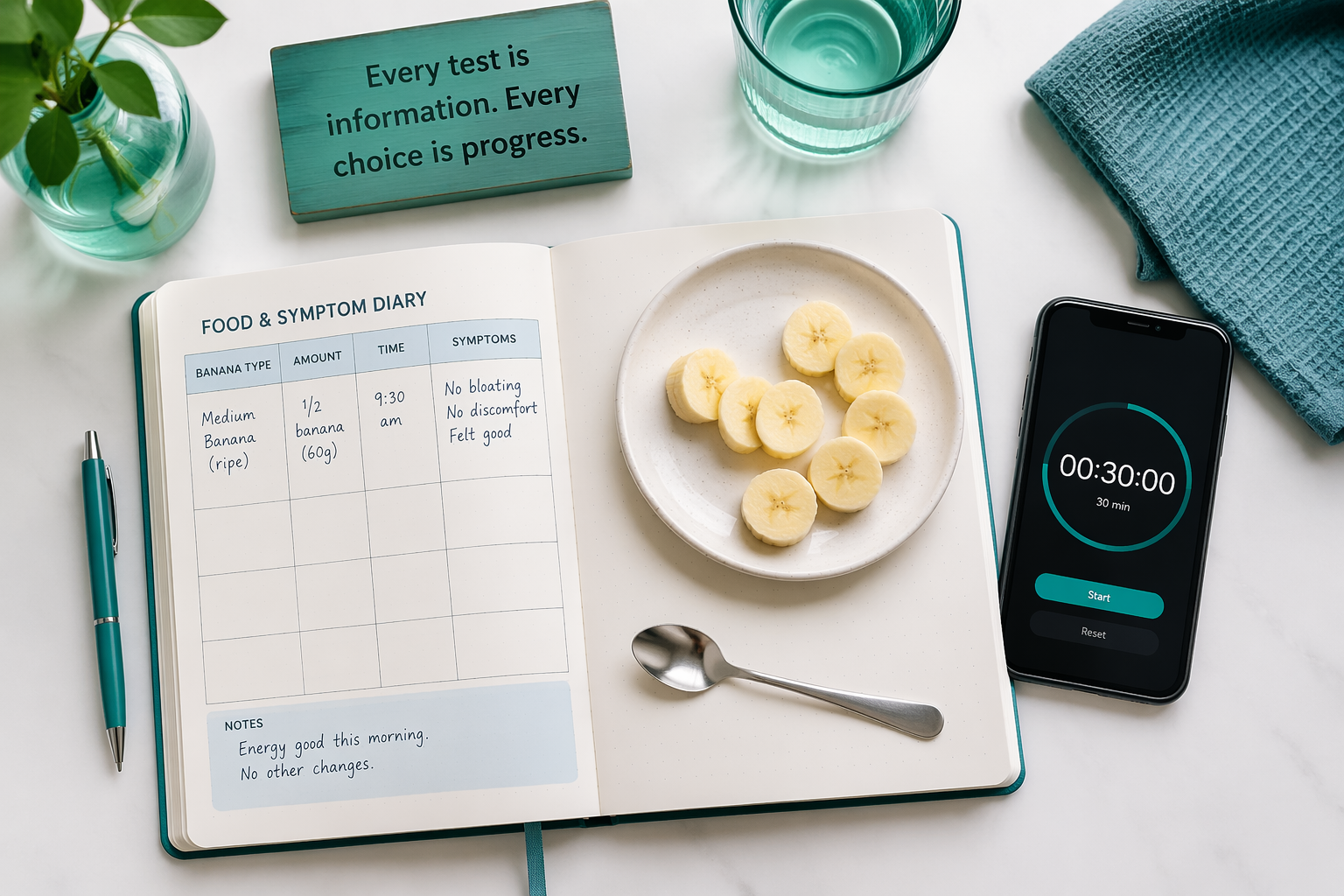 Food diary and sliced banana showing step-up trial template for testing banana tolerance