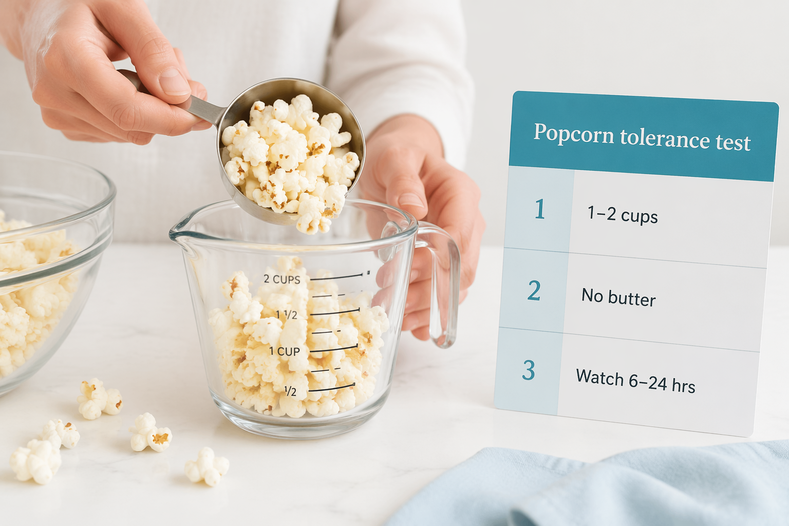 Hands measuring 1–2 cups of popcorn beside a checklist for safe IBS tolerance testing